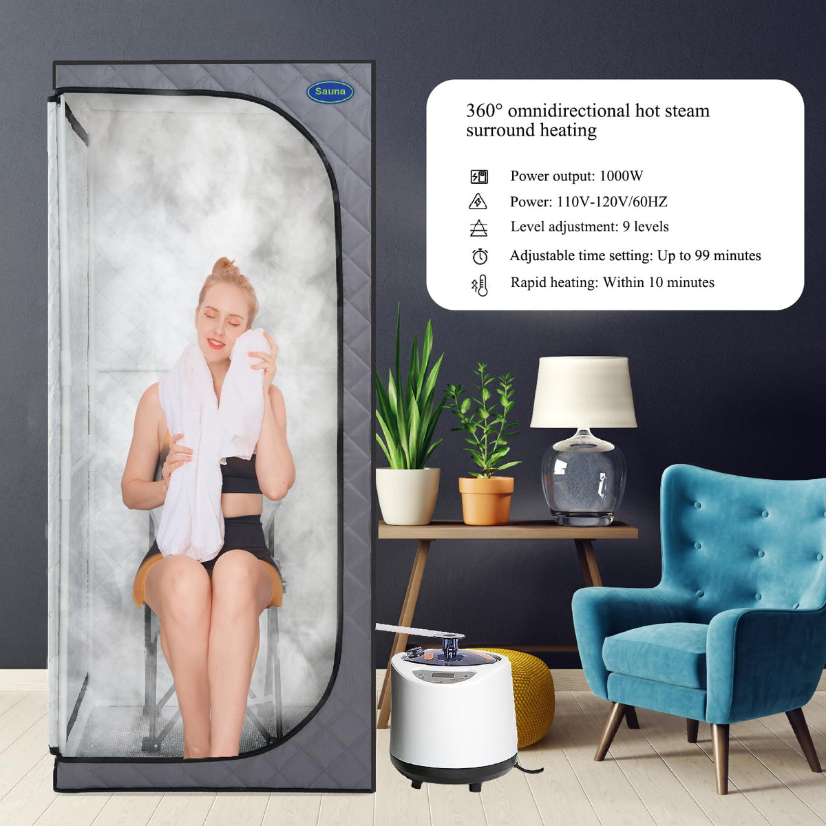 Gecheer Full-Size Portable Steam Sauna Tent for Home – Includes Steam Generator, Remote Control, Foldable Chair, Timer, 360° Steam Nozzles, FCC Certified, Easy Setup in 10 Minutes
