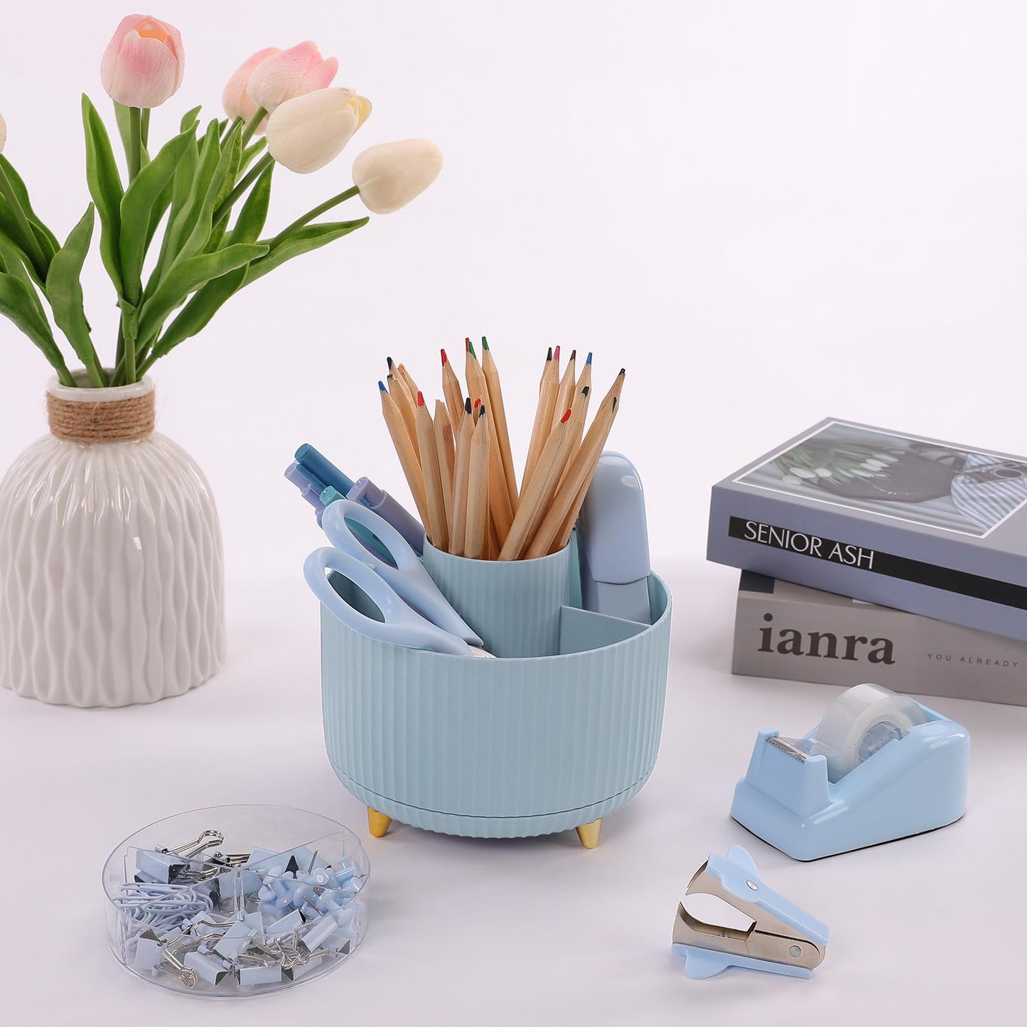 SKYDUE Desk Organizers and Accessories 10Pcs, 360-Degree Rotating Pen Holder, Stapler, Staple Remover, Tape Dispenser,2pcs Tape Refills, Binder Paper Clips Kit, Scissor (Blue)