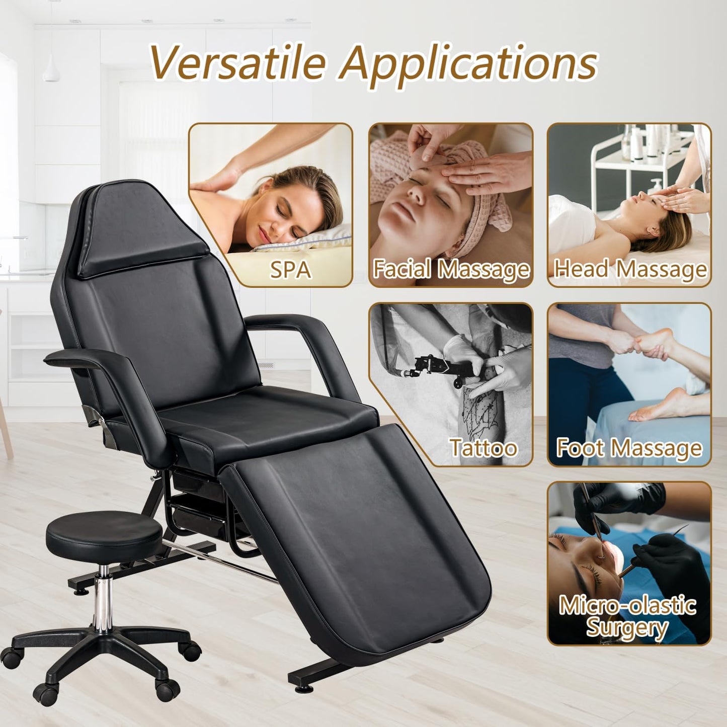 Massage Salon Tattoo Chair with Two Trays Esthetician Bed with Hydraulic Stool,Multi-Purpose 3-Section Facial Bed Table, Adjustable Beauty Barber Spa Beauty Equipment, Black