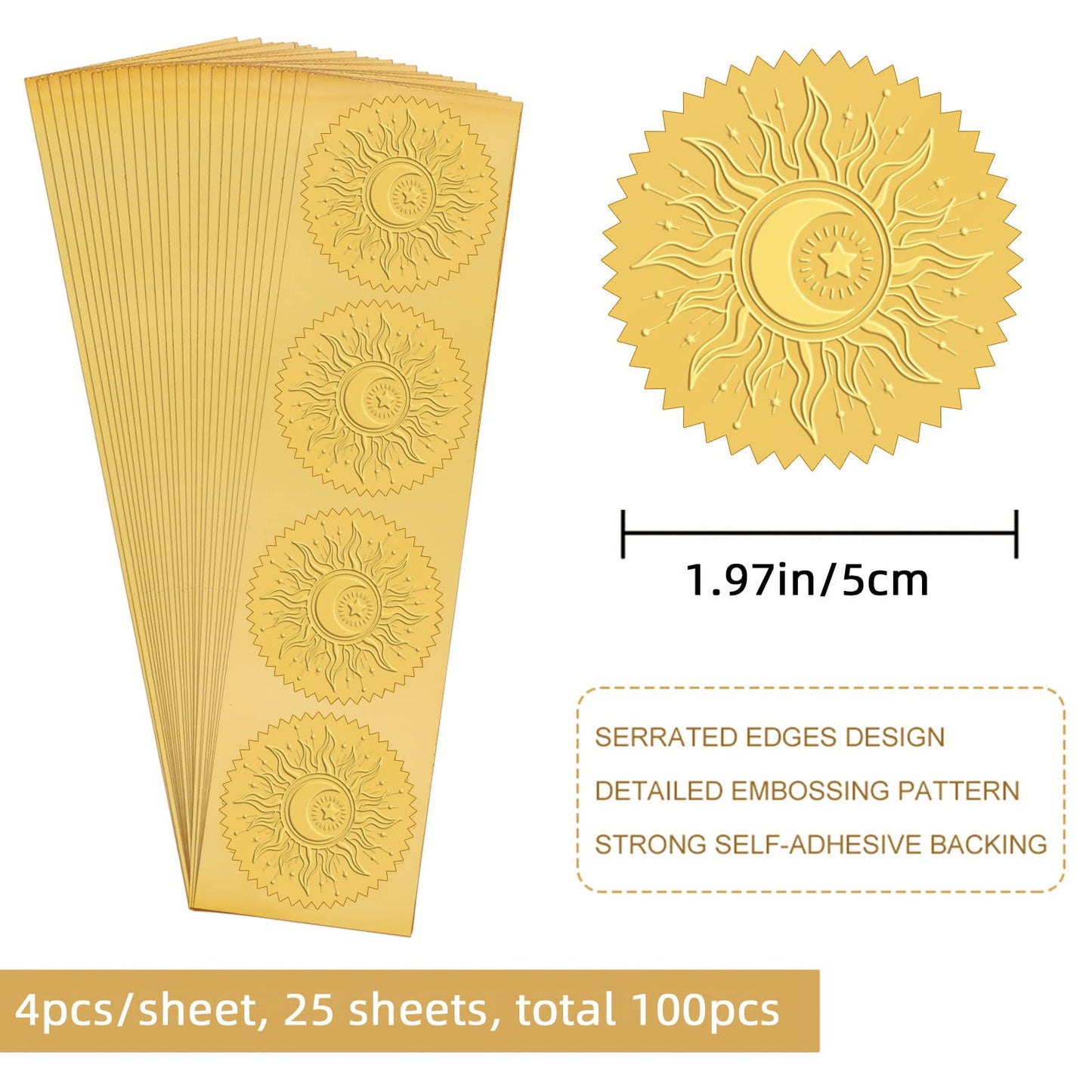 CRASPIRE 100pcs Gold Foil Stickers Embossed Certificate Seals Self-Adhesive Stickers Medal Decoration Stickers Certification Graduation Corporate Notary Seals Envelope (Sun)