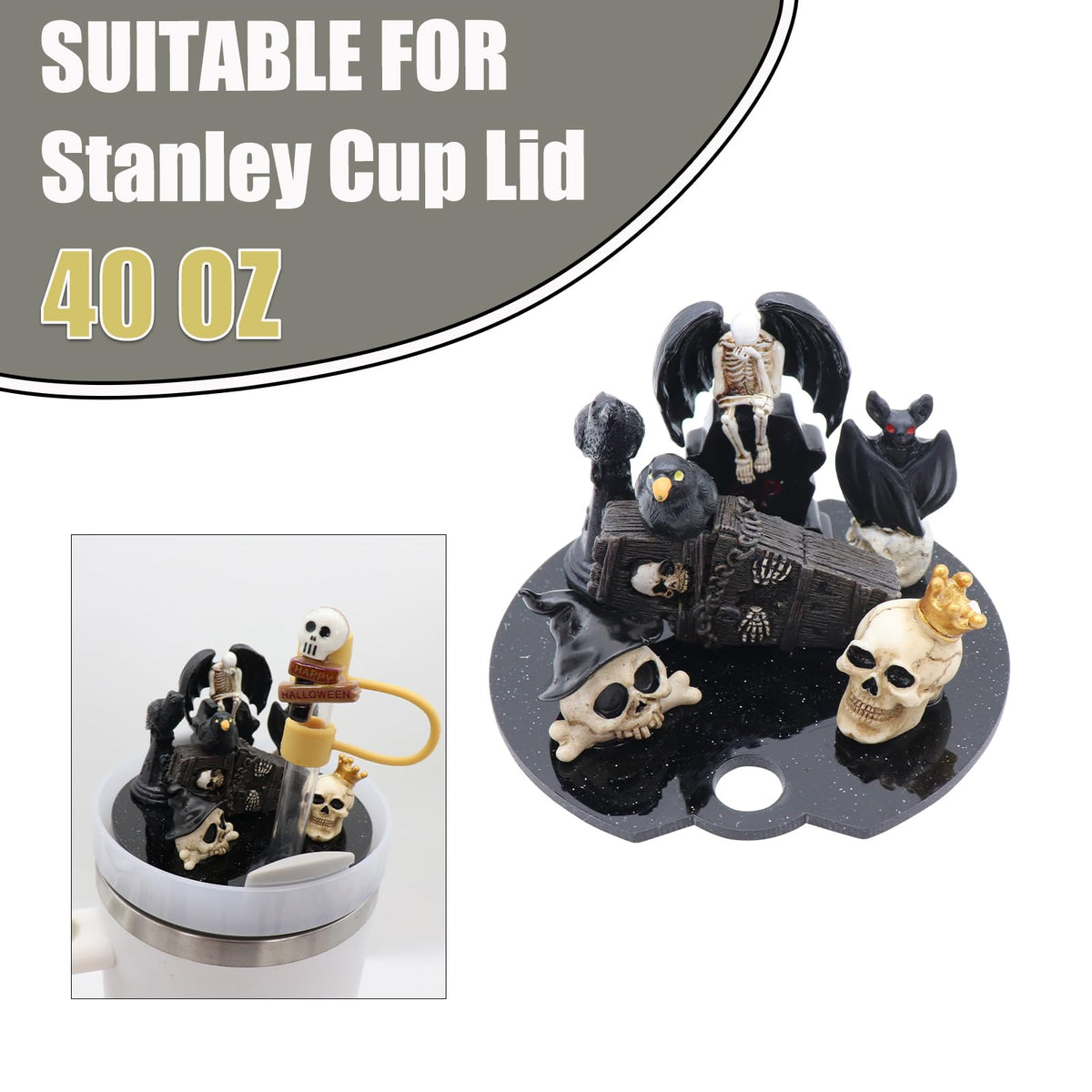 Lid Name Plate Topper for Stanley Cup 40 oz，Including Boot, Silicone Straw Topper Cover Cap, Lid Charms，Cup Chain (Halloween-A)
