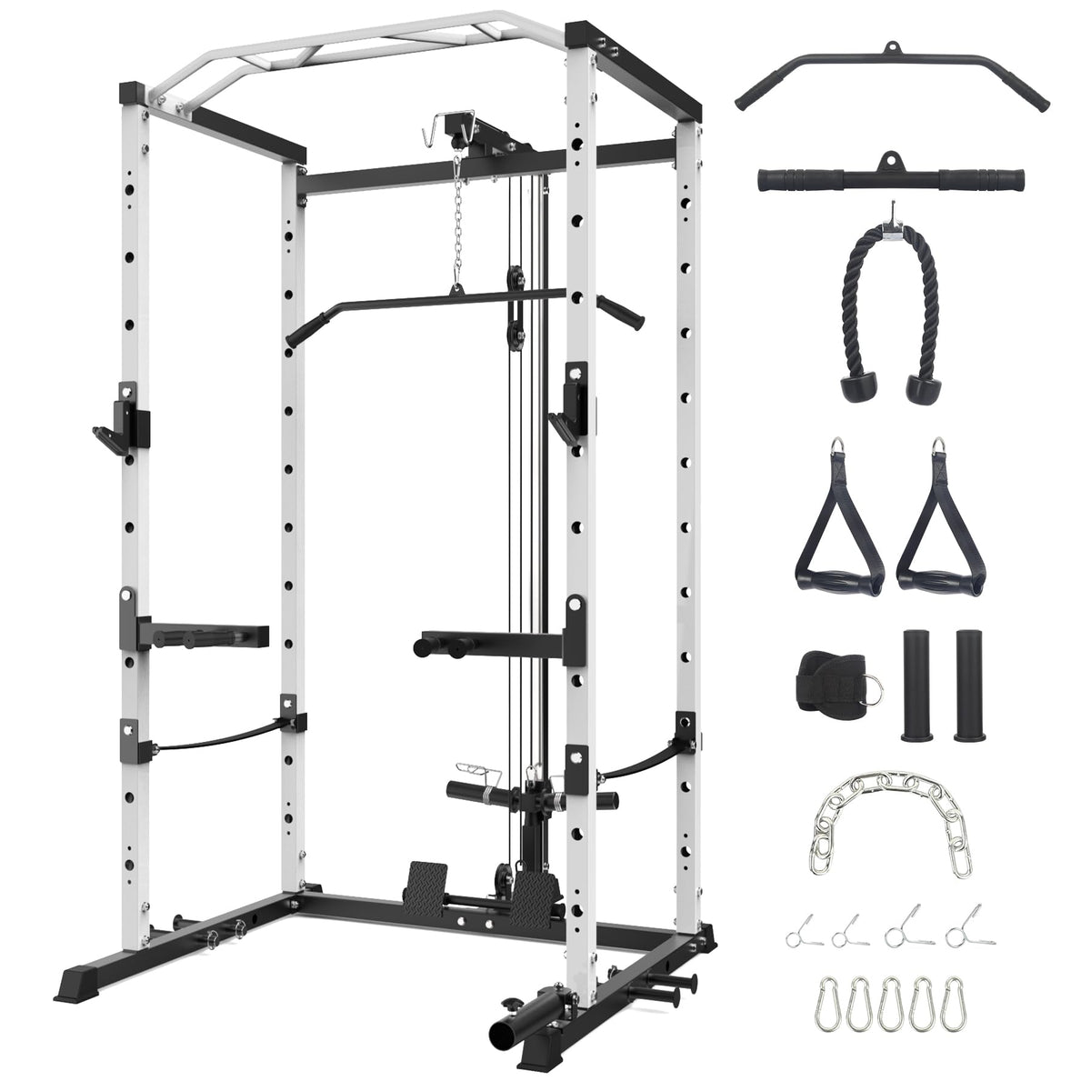 Power Cage with LAT Pulldown Machine - Squat Rack for Home Gym, Multi-Functional Weight Cage with Cable Pulley System, Dip Bars & Landmine Attachment