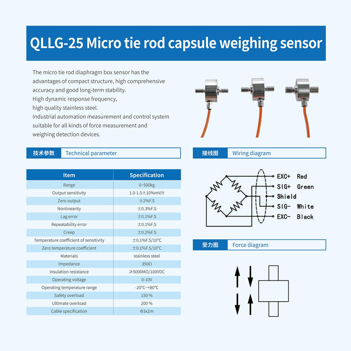 Load Cell Force Sensor, 0.1% High Precision Stainless Steel Tension Compression Sensor for Industrial Weighing & Force Measurement with 3m Cable (0-50kg)