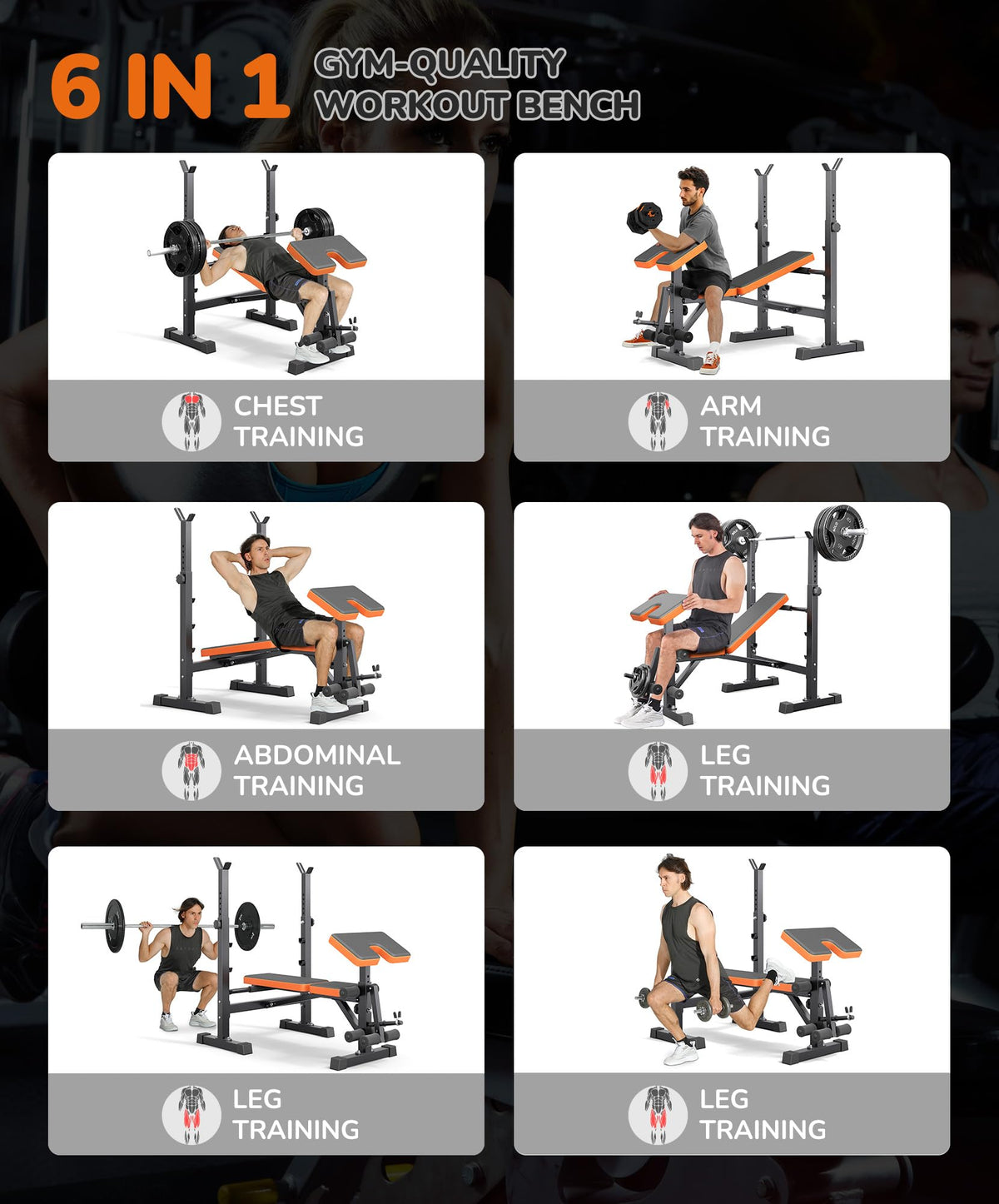 Multi-Function 6 in 1 Weight Bench Set - Leg Press, Preacher Curl Rack, Adjustable Workout Bench & Squat Rack for Full Body Exercise, Fitness Strength Training for Home Gym