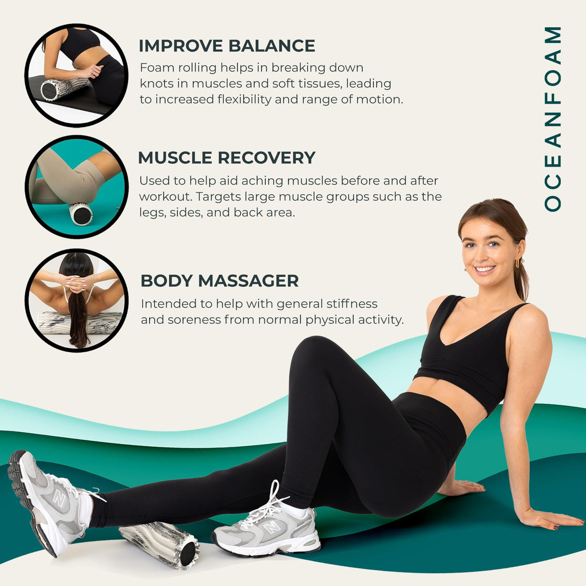 Oceanfoam Ripple Travel Foam Roller (11" x 3.35") Firm Mini Foam Roller for Physical Therapy, Deep Tissue Massage, Back Pain - High Density, Ergonomic Wave Textured - Yoga, Exercise (Black Marbled)