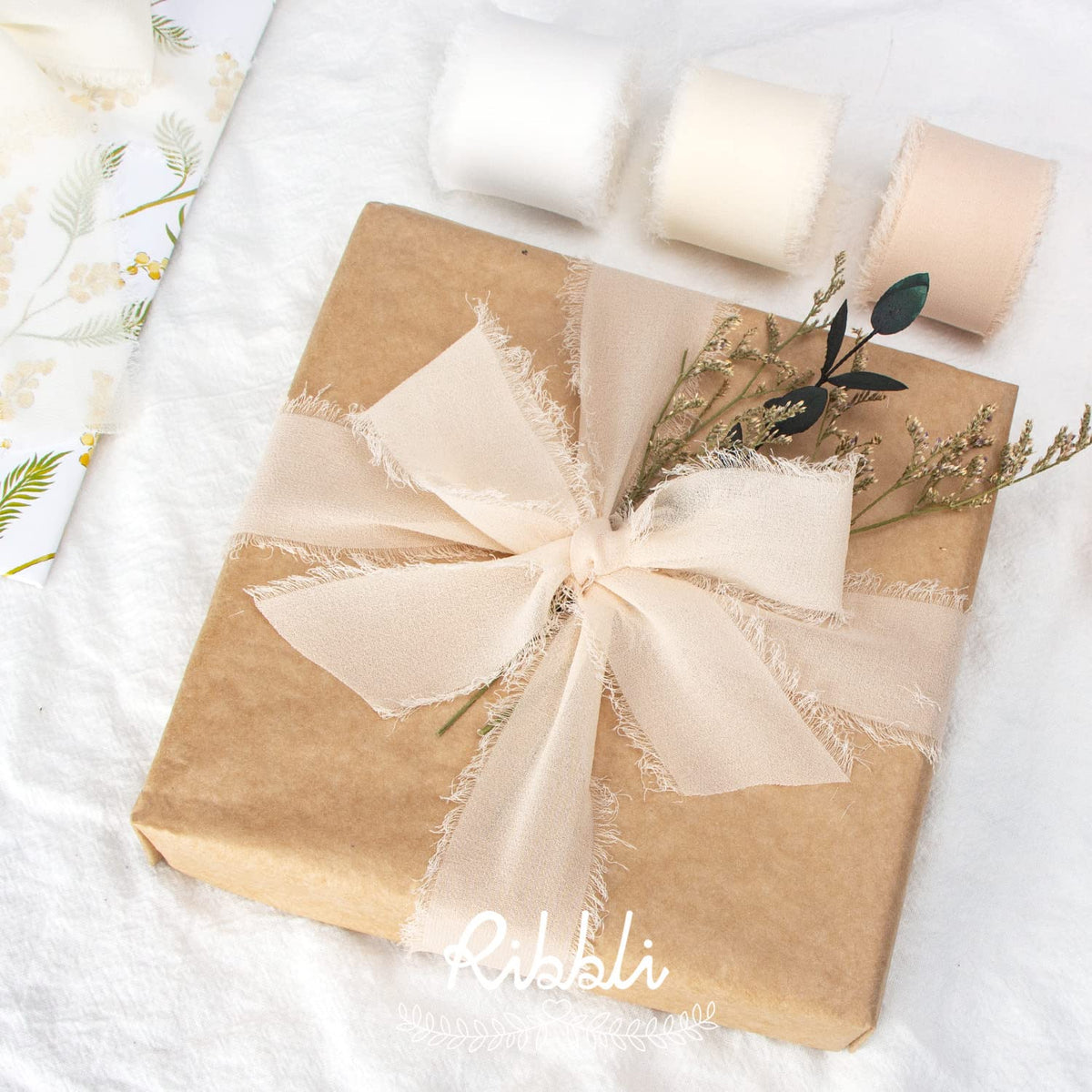 Ribbli Chiffon Ribbon - 1.5 inch x 30 Yard Champagne/Nude Silk, Handmade for Wedding Invitations, Gift Wrapping, Bridal Bouquets, Flower Arrangements