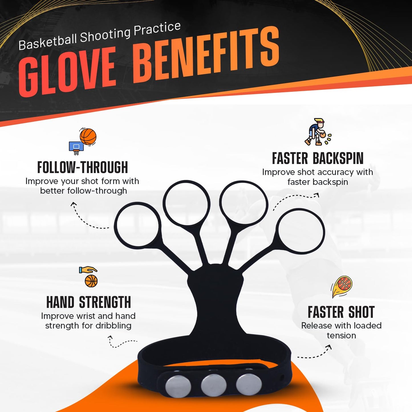 FNBX FlickGlove Basketball Shooting Aid, Training Equipment for Improving Shot and Form, Set of 3 Silicone Strap Resistances, White, Black and Orange