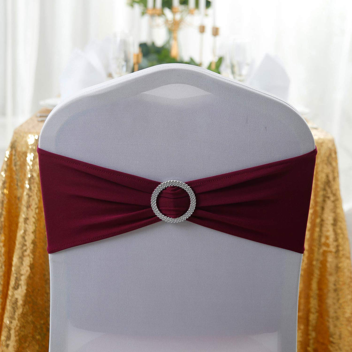 Peomeise 50pcs Burgundy Spandex Chair Sashes with Buckle Slider for Wedding, Party Decoration