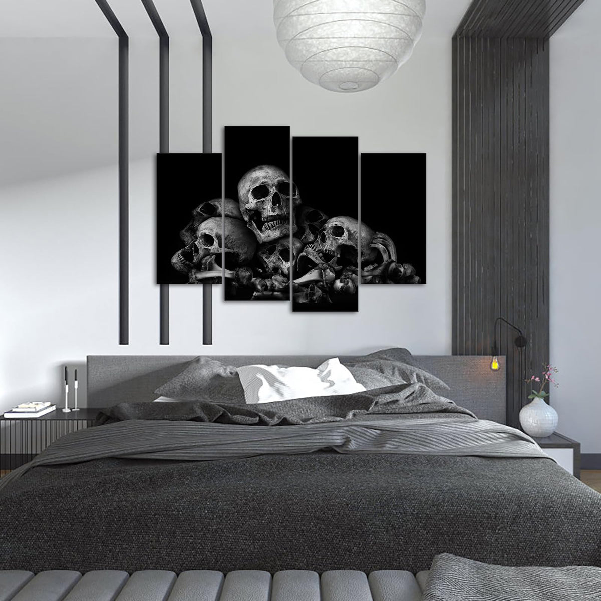 iKNOW FOTO Large 4-Panel 48x33 Black and White Skulls Canvas Wall Art - Abstract Halloween Day of Dead Skeleton Picture Print, Ready to Hang for Home Bedroom Decor