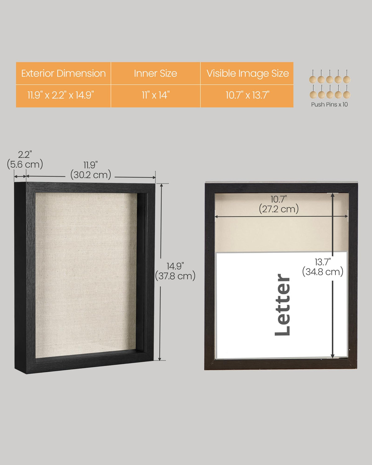 SONGMICS 11x14 Shadow Box Frame, Top Loading Display Case Frame , Glass Front with Top Slot and Push Pins, Linen Fabric Backing for DIY Craft, Gift Idea, Black URPF009B01