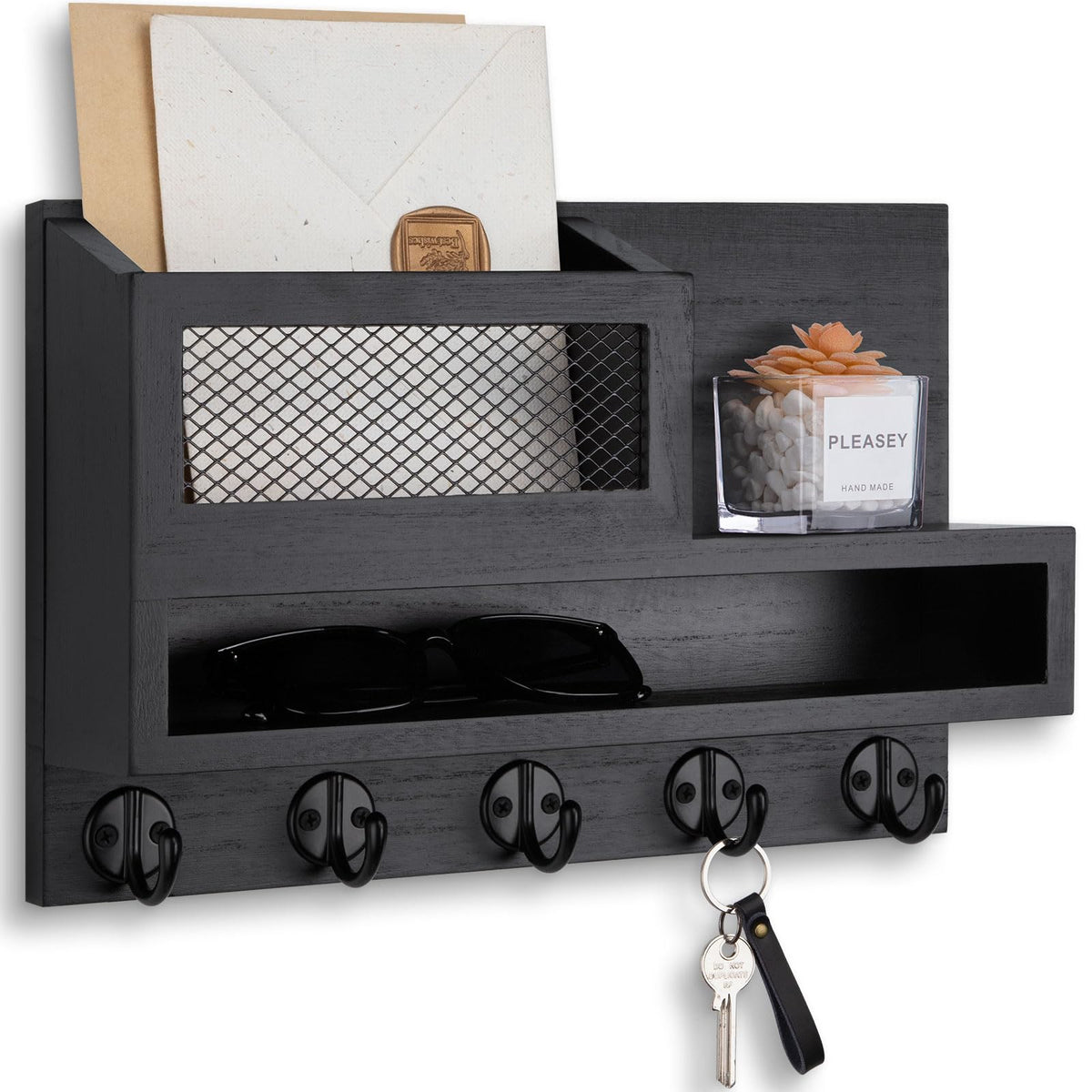 Lucundm Key and Mail Holder Wall Mount, Key Hanger with Long Storage Box and 5 Hooks for Coat, Dog Leash, Home Decor Rack, House Accessories, Entry Way Organizer 11.8”W x 7.8”H x 3.2”D