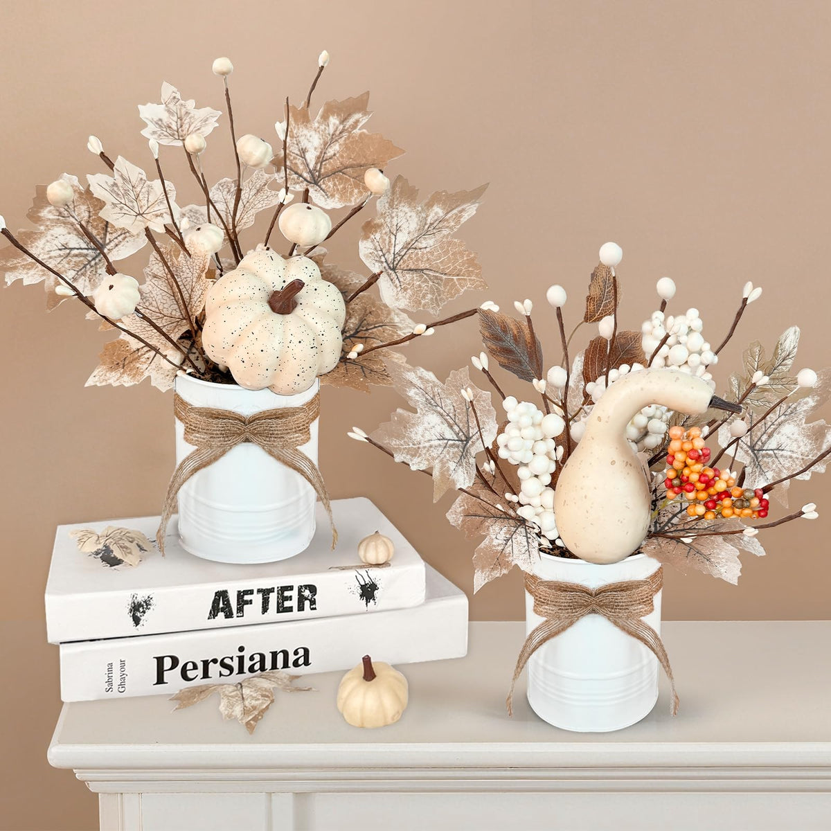 2 Pack 12" Thanksgiving Decorations Thanksgiving Centerpieces for Dinner Table Potted White Maple Arrangement in Metal Pot White Pumpkin Berried Autumn Thanksgiving Table Decor for Home Kitchen Office