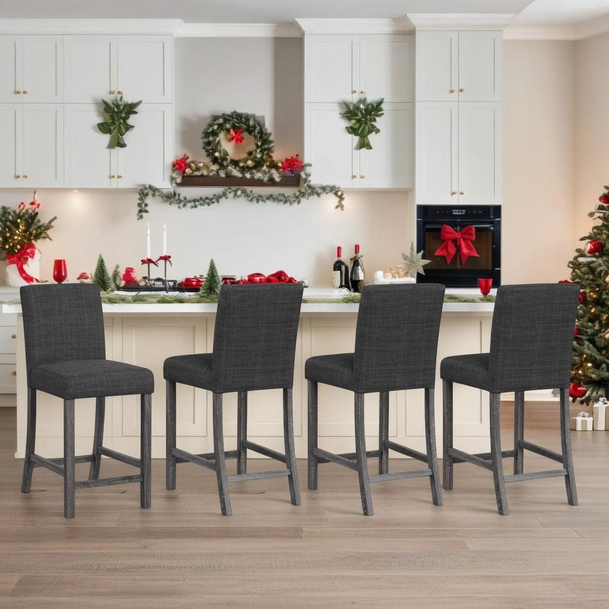 ERGOMASTER Counter Height Bar Stools Set of 6, 24.5'' Fabric Upholstered Barstools Mid Century Modern Island Bar Chairs with Back for Kitchen, Dining Room, Bar, Restaurant, Charcoal Grey