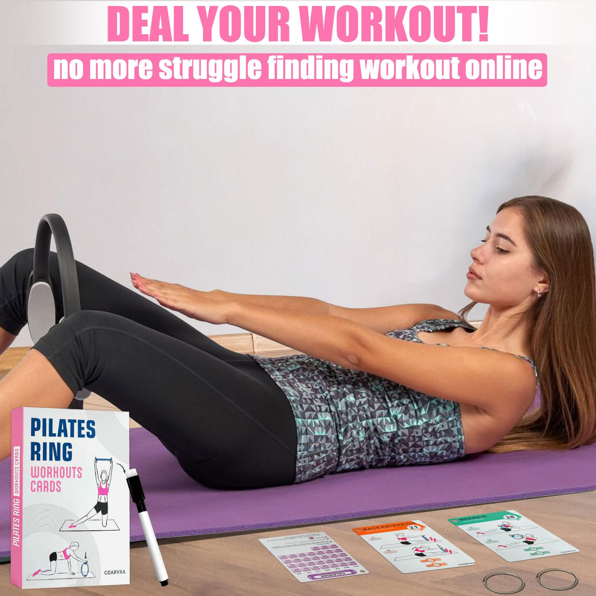 COARVXA Pilates Ring Workouts for Women-58 Exercise Cards with Pilates Mat Workout Postures，ncludes 4-Week Challenge,2 Rings& Dry-Erase for Easy Organization-Home, Gym or Studio