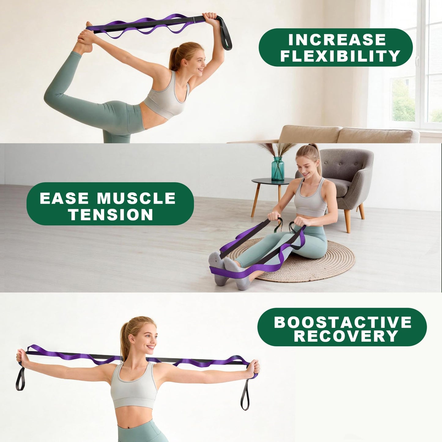 Acozycoo Stretching Strap with 10 Loops – Non-Elastic Yoga Strap for Physical Therapy, Knee Replacement Recovery & Plantar Fasciitis – Leg Stretcher Band for Flexibility & Hamstring Rehab（Purple)