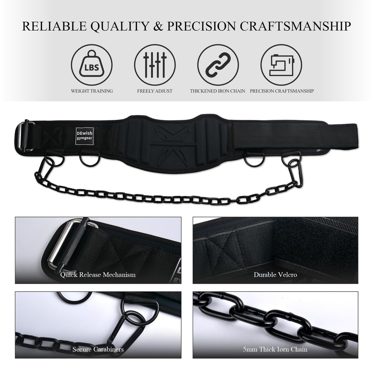 2-in-1 Weightlifting Belt & Dip Belt with 41 IN Steel Chain for Pull Up,Added Weight Training (Black, L(35"-39"))