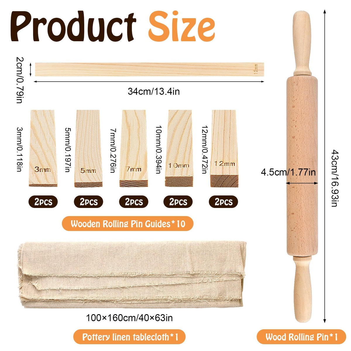 Akamino 20 Pcs Pottery Tools Include 1 Wood Rolling Pin,1 Portable Pottery Linen Tablecloth, 10 Pcs 5 Size Teaching Rolling Mud Stick Guide, 8 Clay Sculpting Tools for Manual Self Ceramic Clay Making