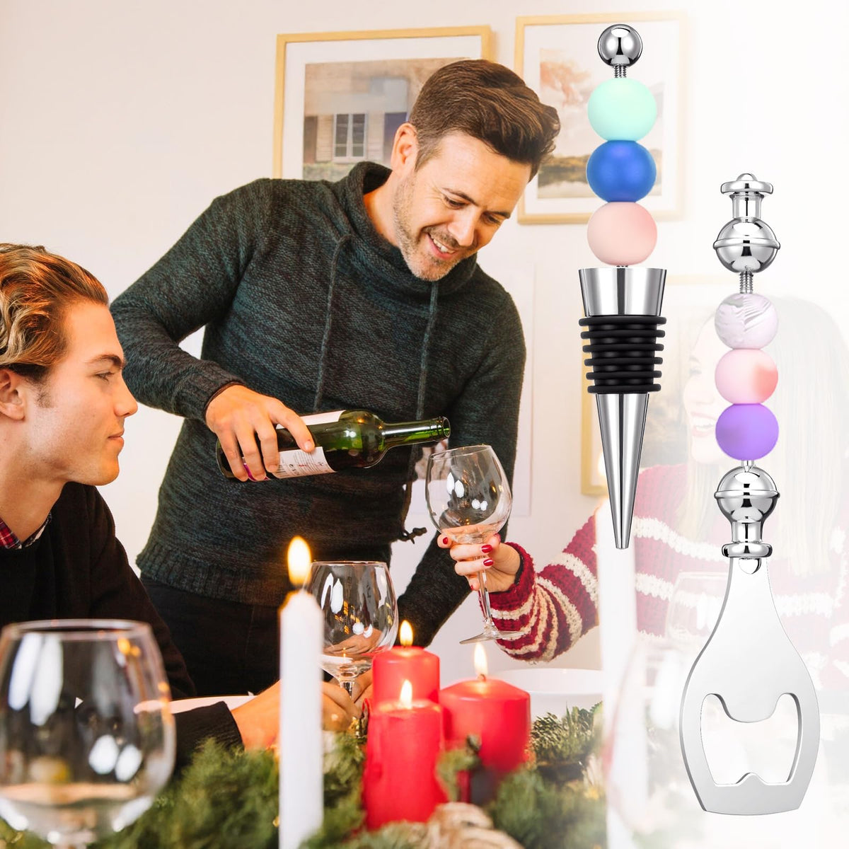 20 Pcs Beadable Wine Stoppers and Beadable Bottle Opener Set - 10 Reusable Decorative Wine Bottle Stoppers & 10 Alloy Openers for DIY Crafts, Wedding, Bar Party Favors, Holiday Gifts
