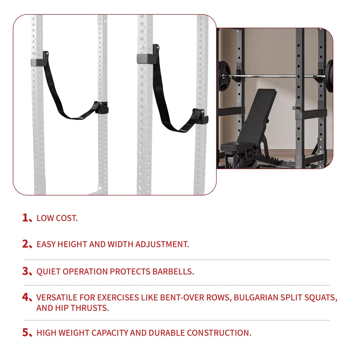 Power Rack Attachments Safety Straps Squat Rack Attachments Fit 3x3 Power Rack for Row Deadlift Bench Press Hip Thrust Chest Press and More (Black, 2"x2" Column,1" Aperture,Straps Length 3.94FT)
