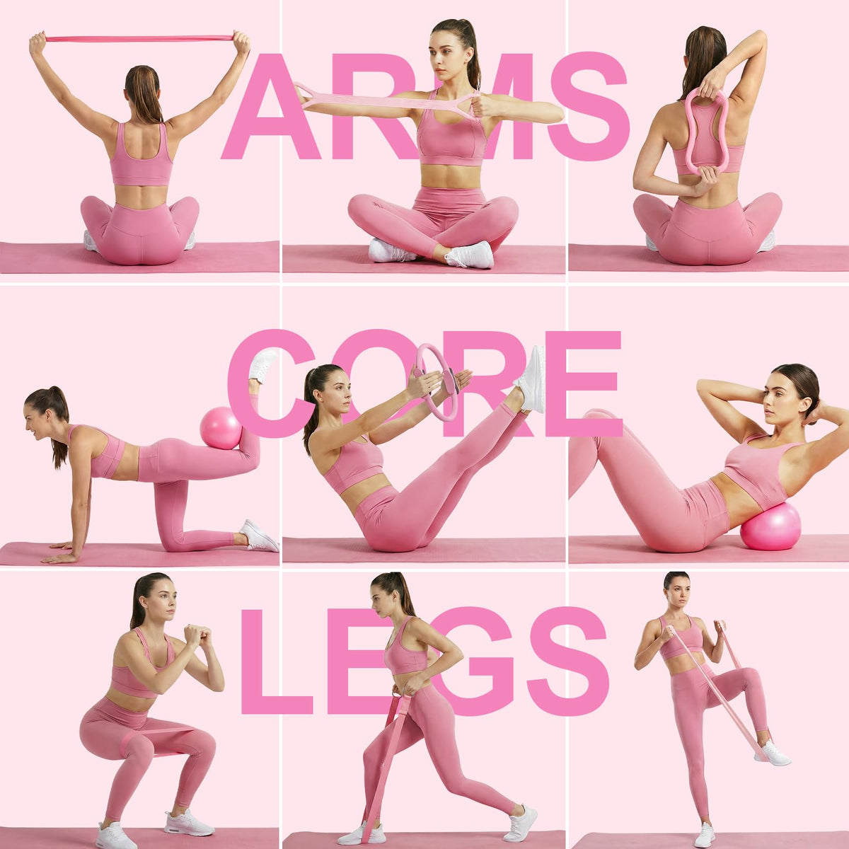 ElaraFit 13 Piece Pilates Kit for Women, Home Pilates Ring and Ball Set with 5 Resistance Bands, Stretch Strap, Arm Exerciser, Grip Socks, Storage Bag and Workout Guide, 13 Inch Magic Circle, All Pink