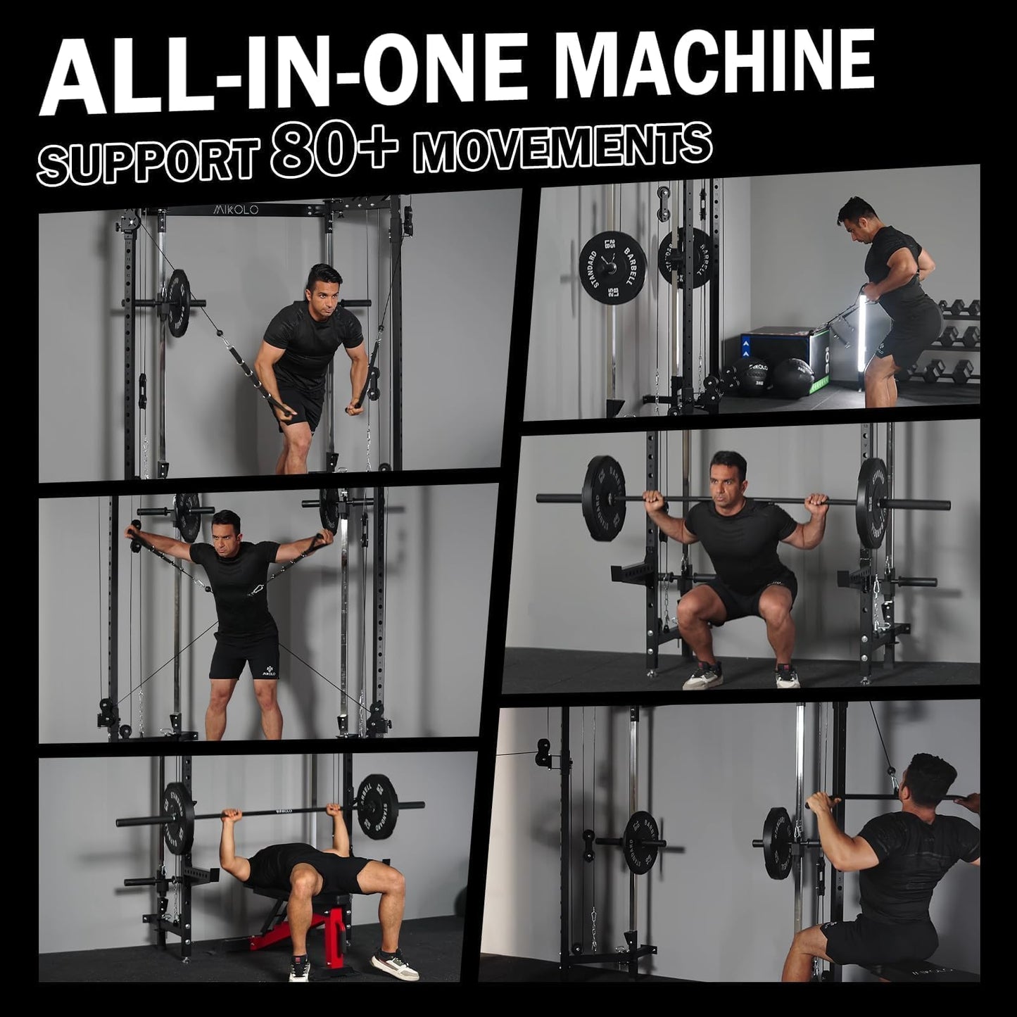 Mikolo Folding Squat Rack, Wall Mounted Power Rack with Cable Crossover Machine & LAT Pull Down, Functional Trainer with 5 Adjustable Function Modes, with Weights (Black)
