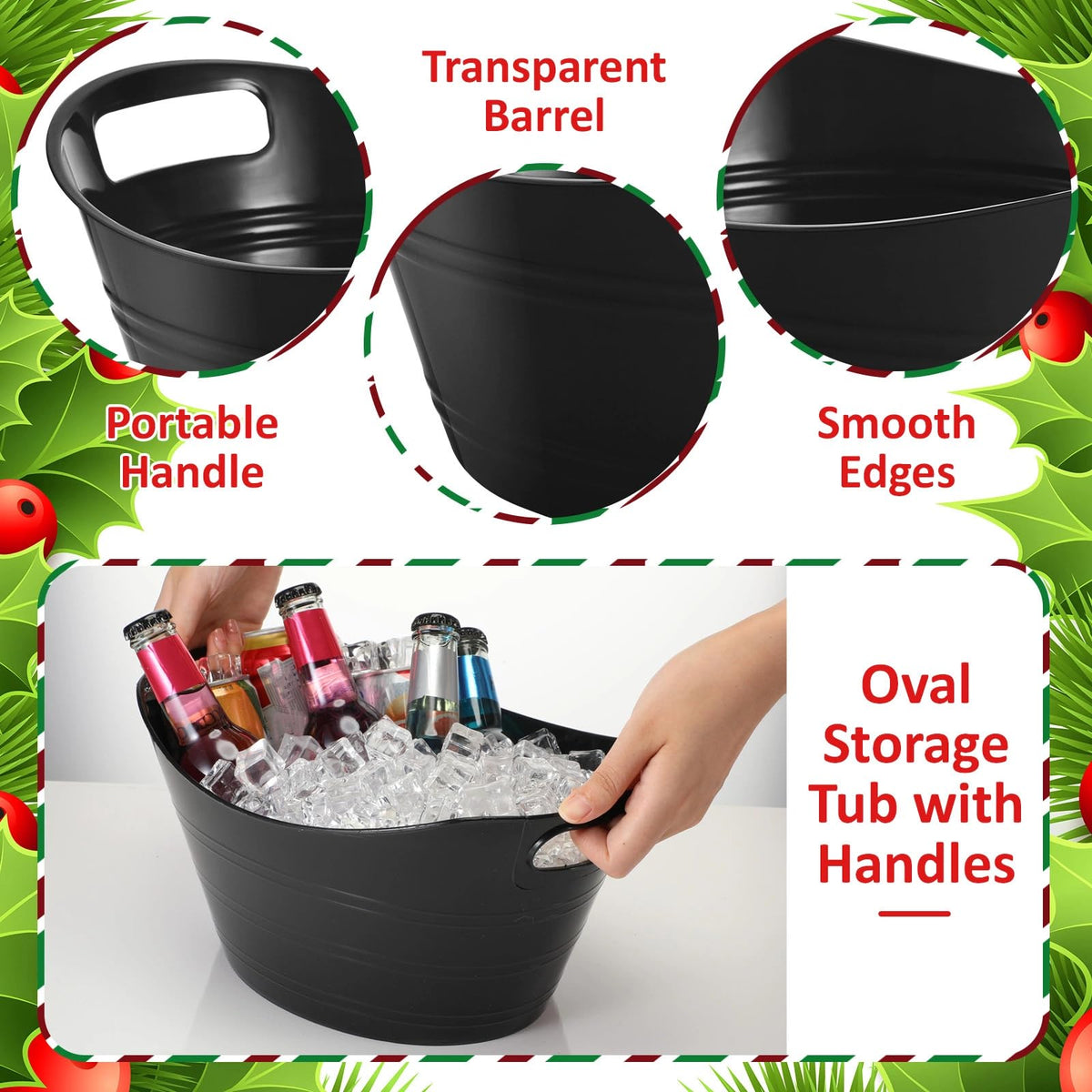 Norme 24 Pcs Oval Storage Tub with Handles, 4.5l Plastic Ice Buckets Bulk for Wine Beer Champagne Drink Cooler Beverage Storage Tub for Parties BBQ Weddings Party Outdoor Celebration(Black)