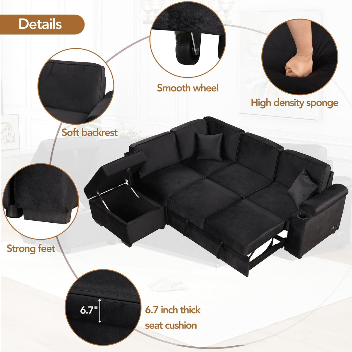 Ball & Cast 84" Convertible Sectional Sofa Bed,L-Shaped Sleeper Couch w/Storage Ottoman,Cup Holder and Charging Stations,Put Out Sofas w/Chaise,for Living Room and Small Apartment,Black