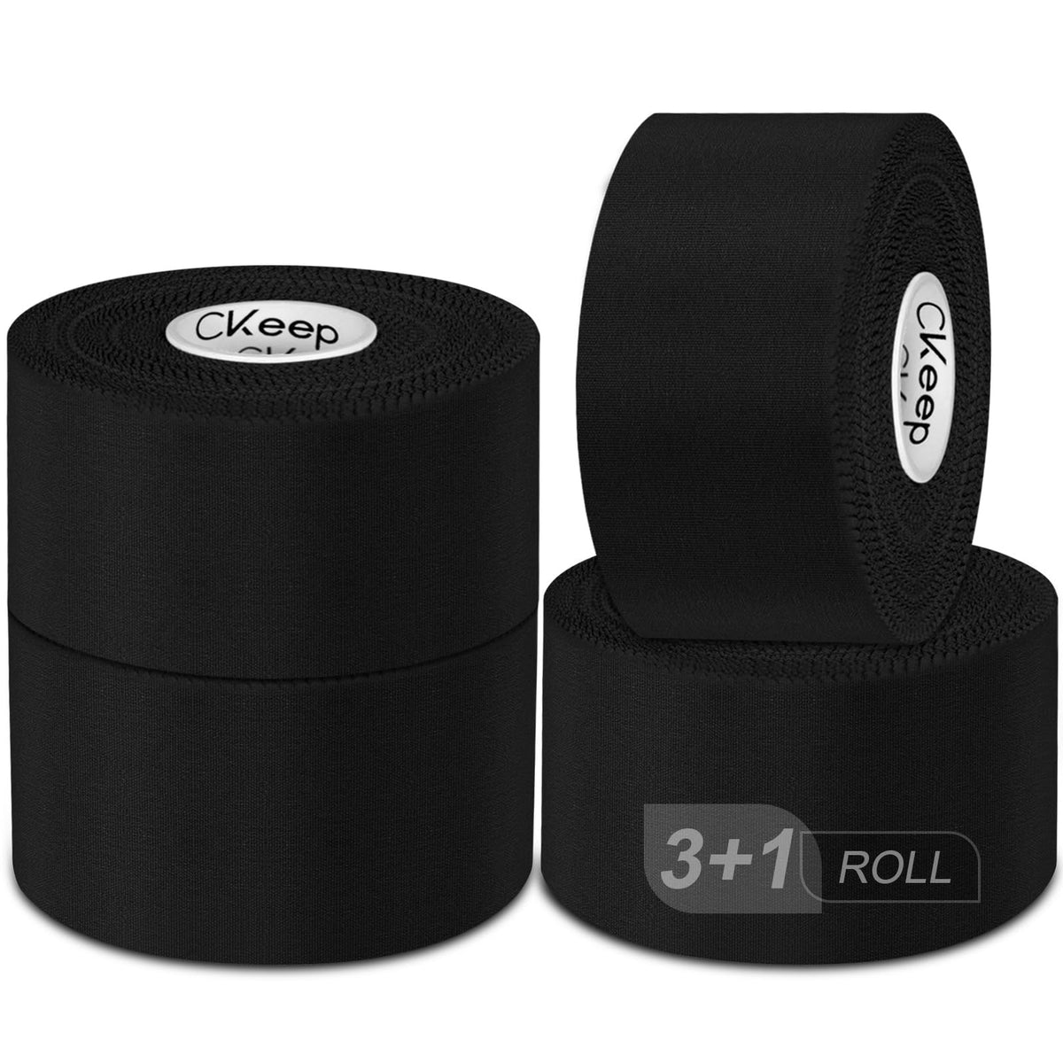 CKeep Athletic Tape, 4 Pack Black Sports Tape, Very Sturdy No Glue Residue, Wrist Ankle Tape for Muscle, Climbing, Boxing, Athletes, Baseball Bats, Strains, Sprains, Injuries（1.5 Inches）