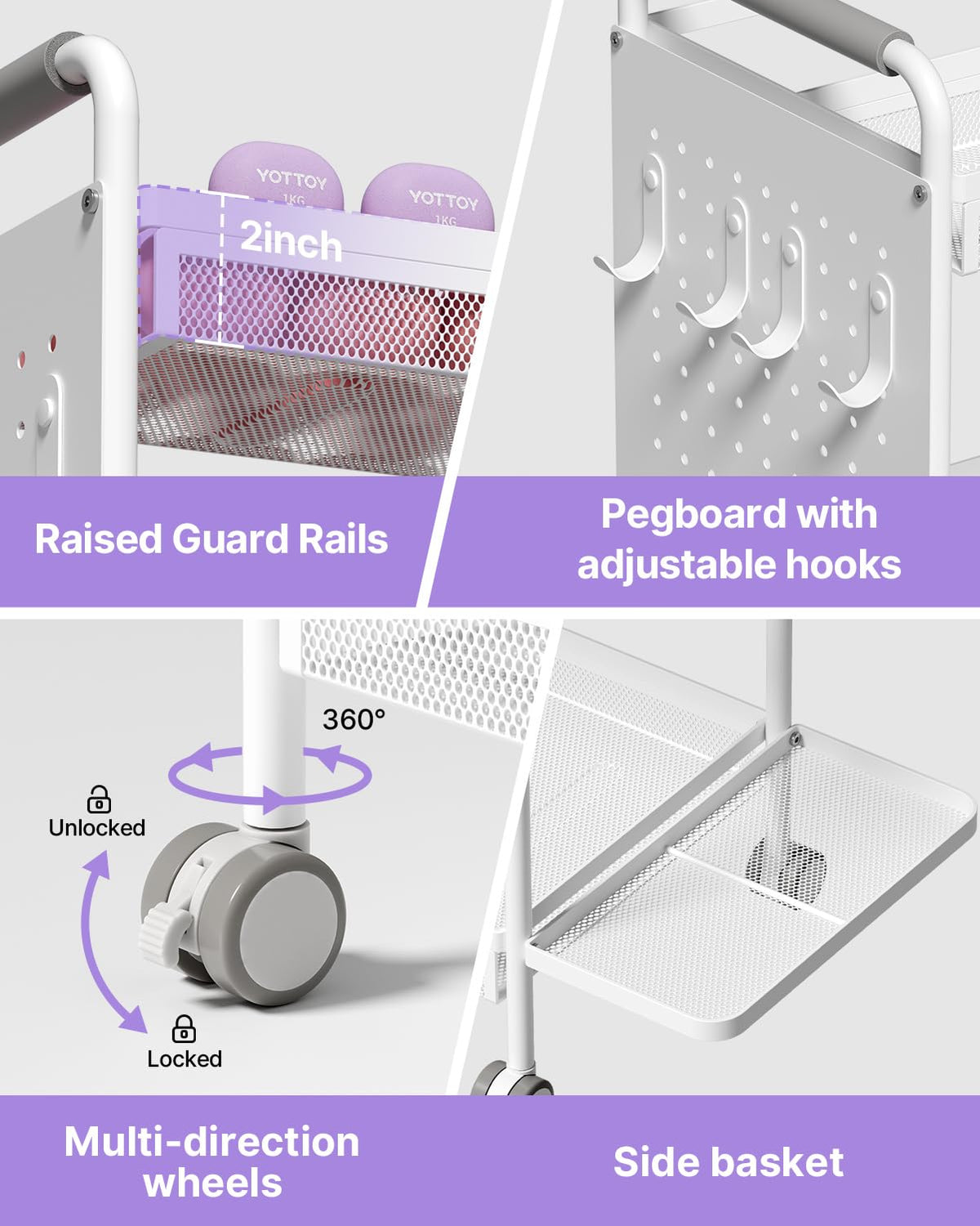 YOTTOY 3-Tier Gym Storage Rack for Home Gym–Multi-Functional Weight Rack, Dumbbell Rack, Yoga Mat Holder with Side Basket & 6 Hooks, Gym Equipment Organizer (White)