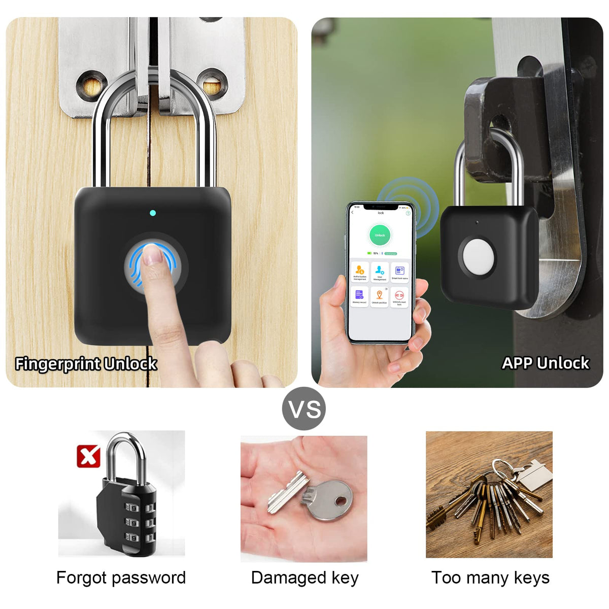 Fingerprint Padlock eLinkSmart Gym Locker Lock for Boys with Phone App iOS Watch Metal Keyless Combination Locks for School Sports Locker Toolbox Hasp Storage Obsidian Black