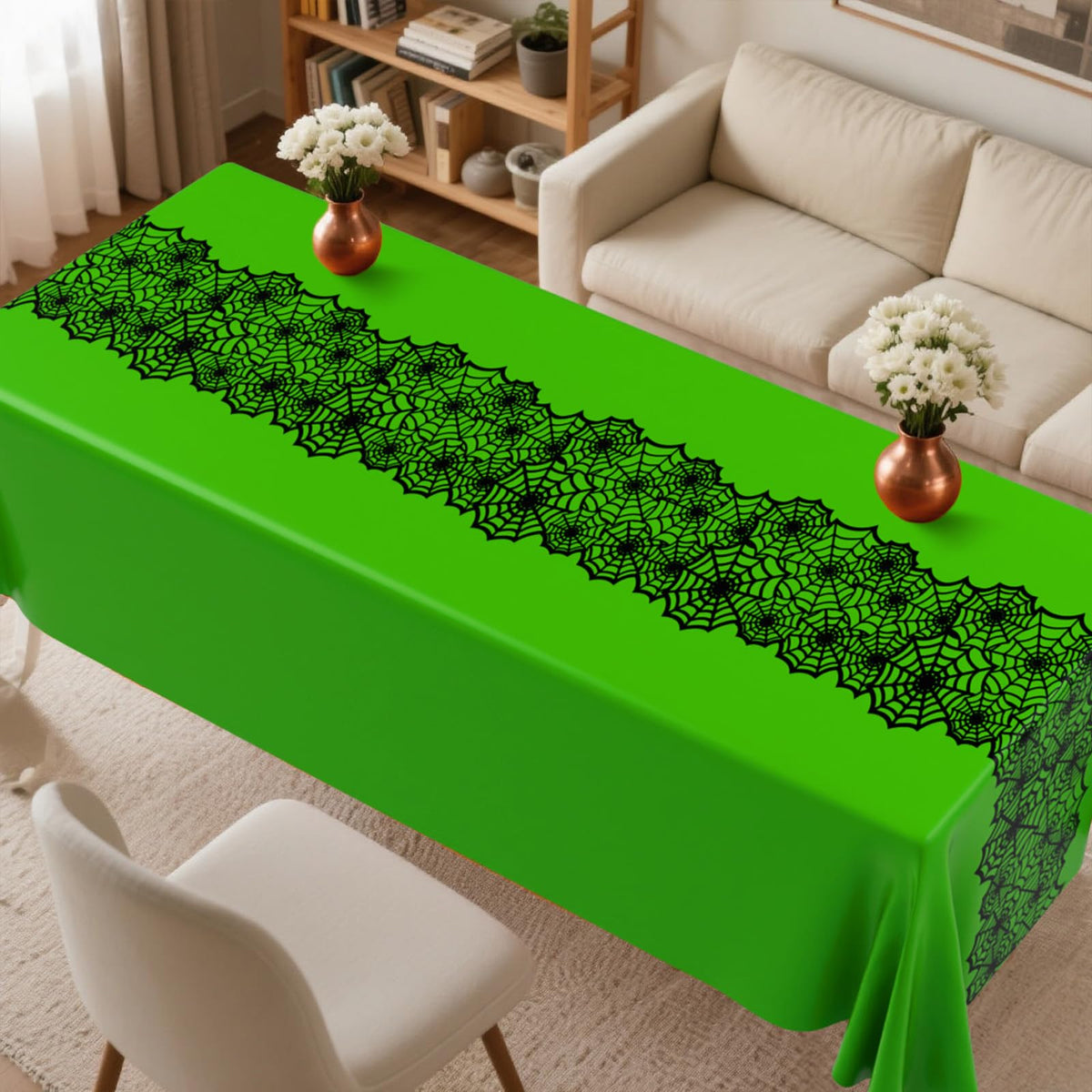 Breling Halloween 6 Pcs Spider Web Rectangular Tablecloths Waterproof Wrinkle Resistant Spider Web Pattern Tablecloths for Halloween and Holiday Banquet Parties Kitchen Dining Room(Green)