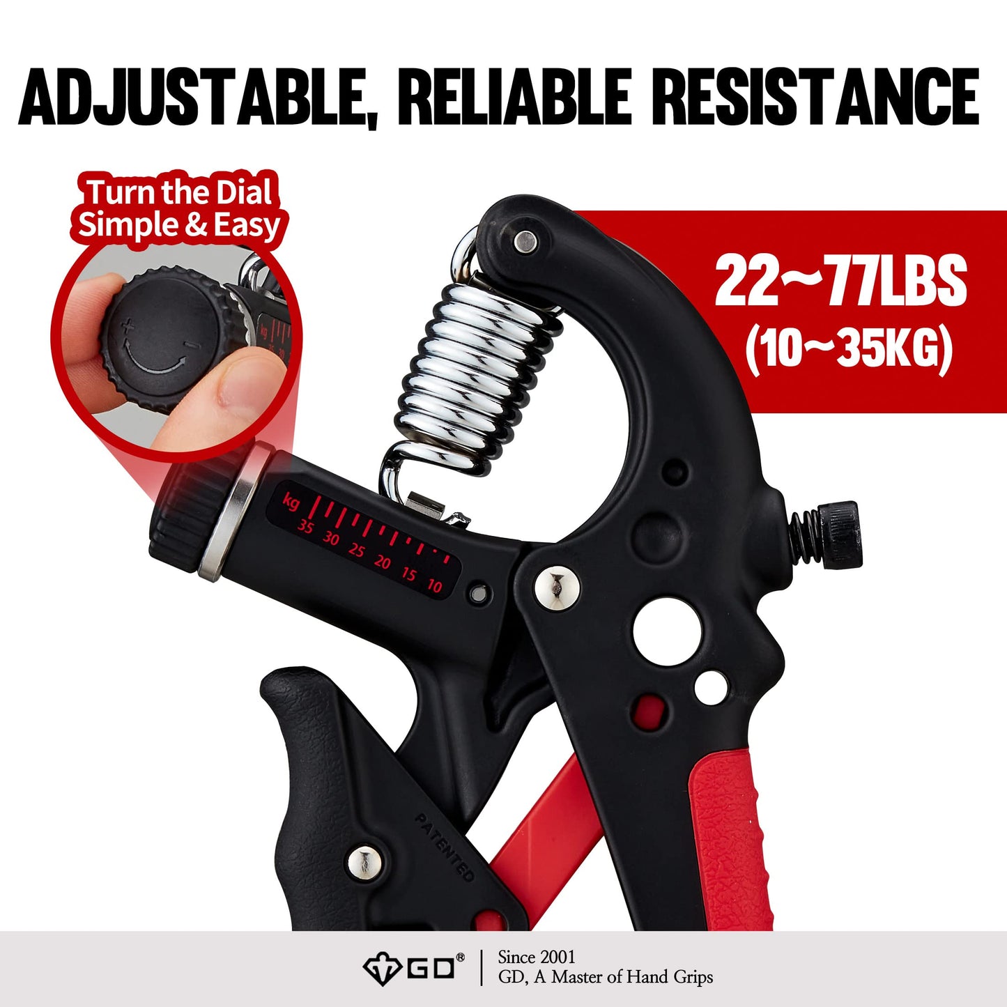 GD GRIP2 Hand Grip Strengthener Adjustable gripper (22~77lbs) Forearm Exerciser Wrist Strengthener Grip Strength Trainer Wrist Strengtheners Grip Trainer RED