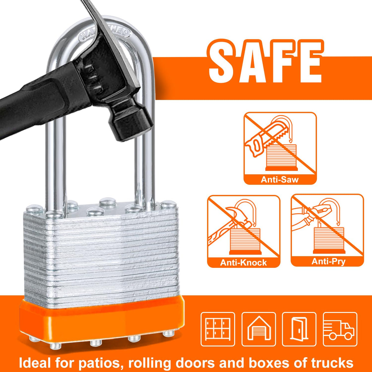 6Pcs Padlocks with Same Keys,Laminated Steel Orange Silver(1-9/16",40mm),Long Shackle for Sheds,Gates,Fences,Toolbox,Outdoor and Indoor Use