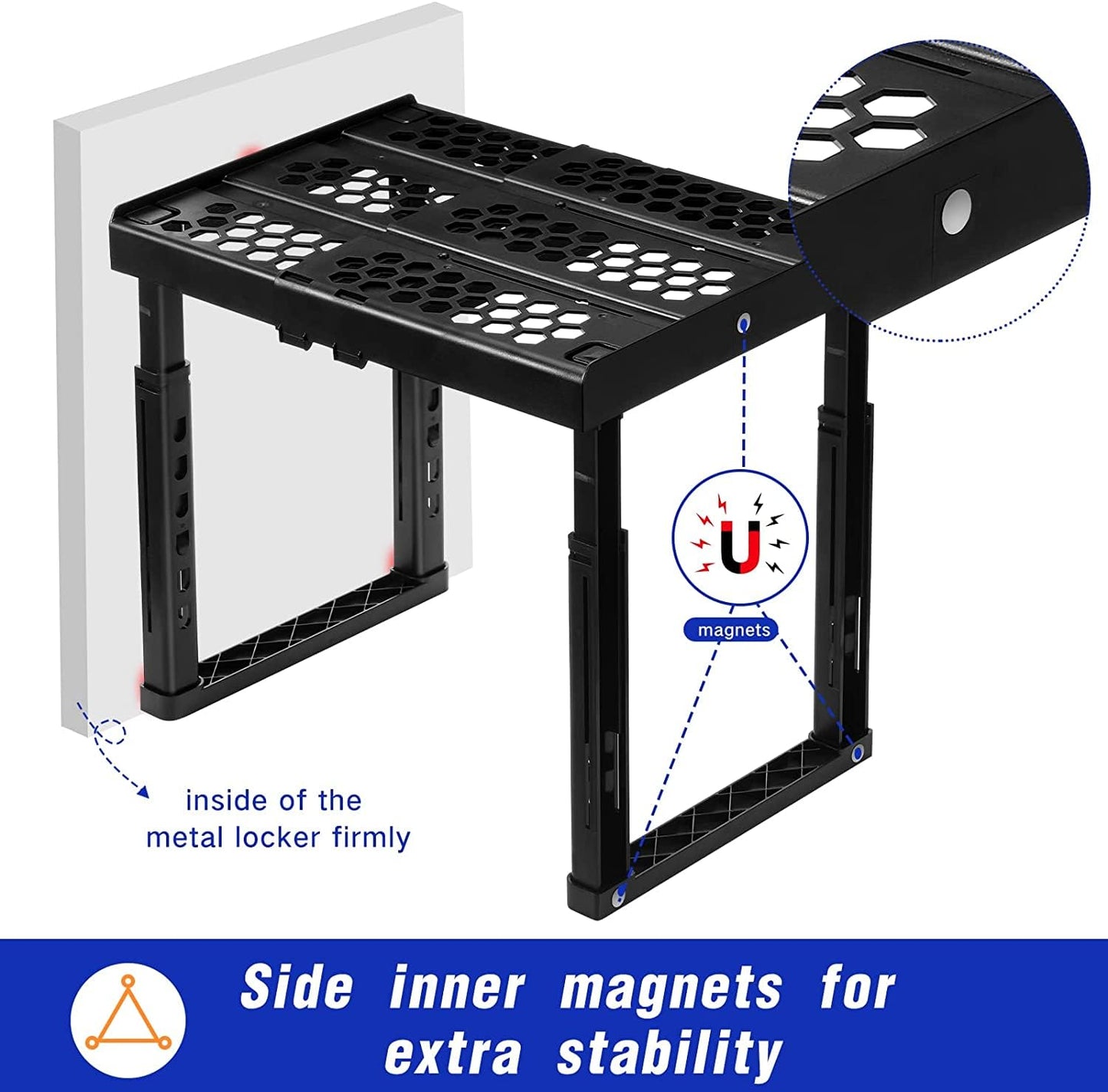 Piffny Locker Organizer Shelf， Adjustable Width and Height, Stackable, Ideal Locker Shelf for School, Office, Gym Lockers, or Even Kitchen Cabinets & Under Sink Organization (Black),(PLKSLF01)