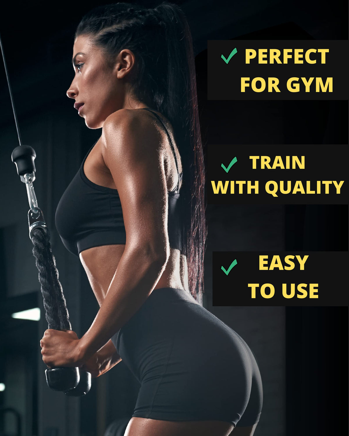 Fitness Invention Tricep Rope Cable Attachment 35" - Cable Machine Handles 2X - Carabiner Clips 3X - Tricep Pull Down Rope for Gym