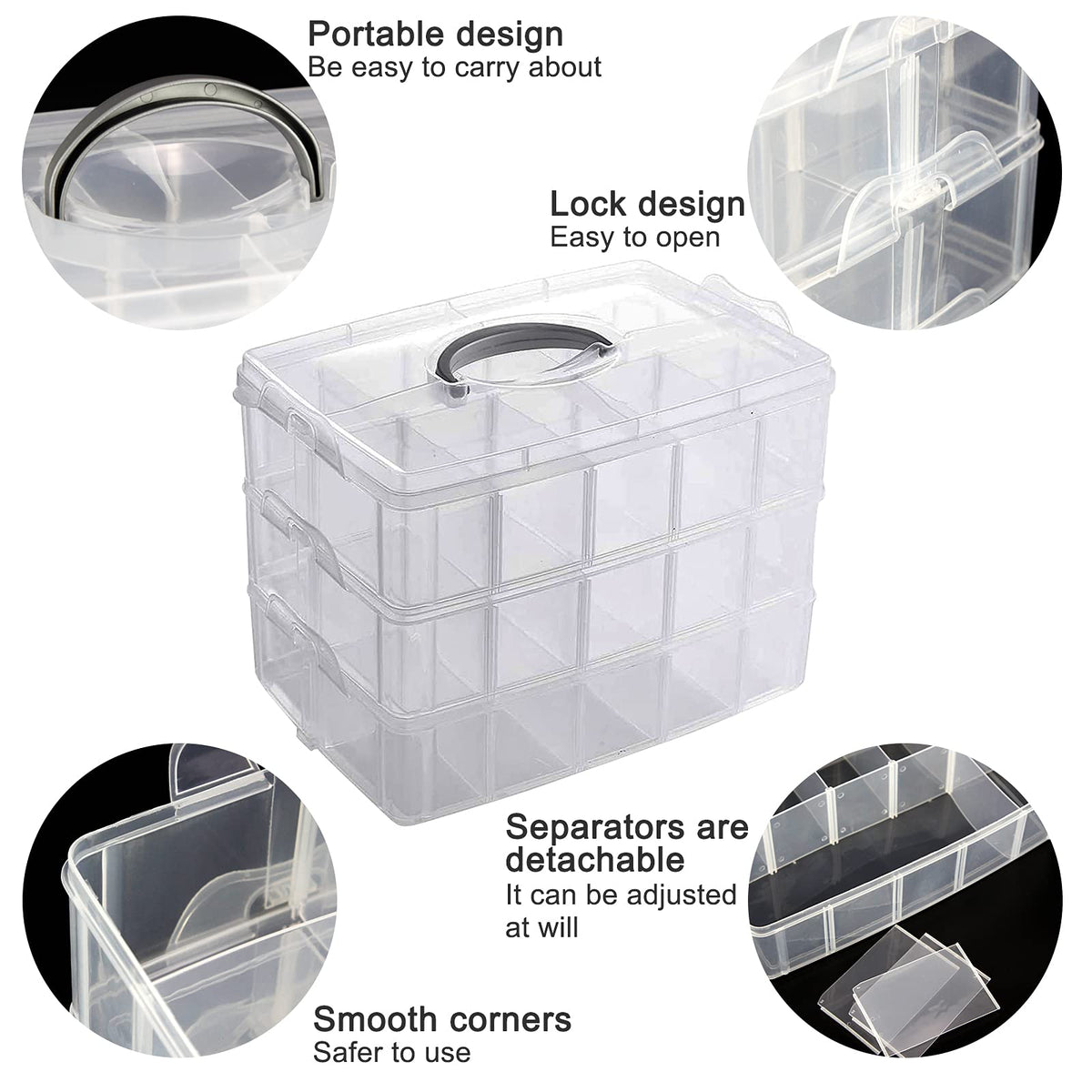 Guyuyii 3-Tier Stackable Bead Organizer with Adjustable Dividers - 30 Compartments Plastic Storage Box for Washi Tape, Lego Pieces, Rock Collection & Sewing Threads - Portable Craft Case with Handle
