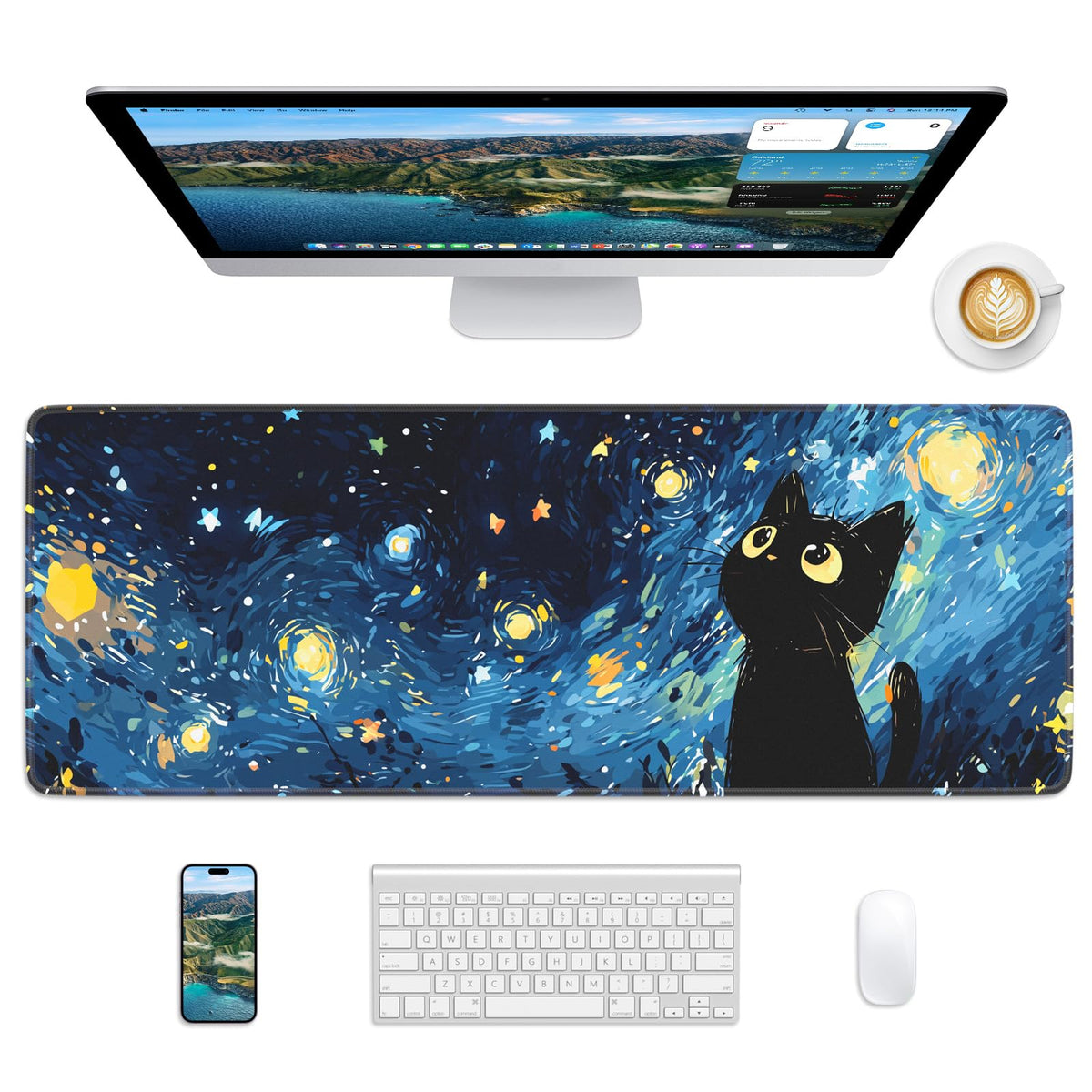 Velluxion Starry Night Cat Mouse Pad, 31.5 x 11.8 Large Desk Mat with Stitched Edges & Non-Slip Base, Mousepad for Office, Home, Work