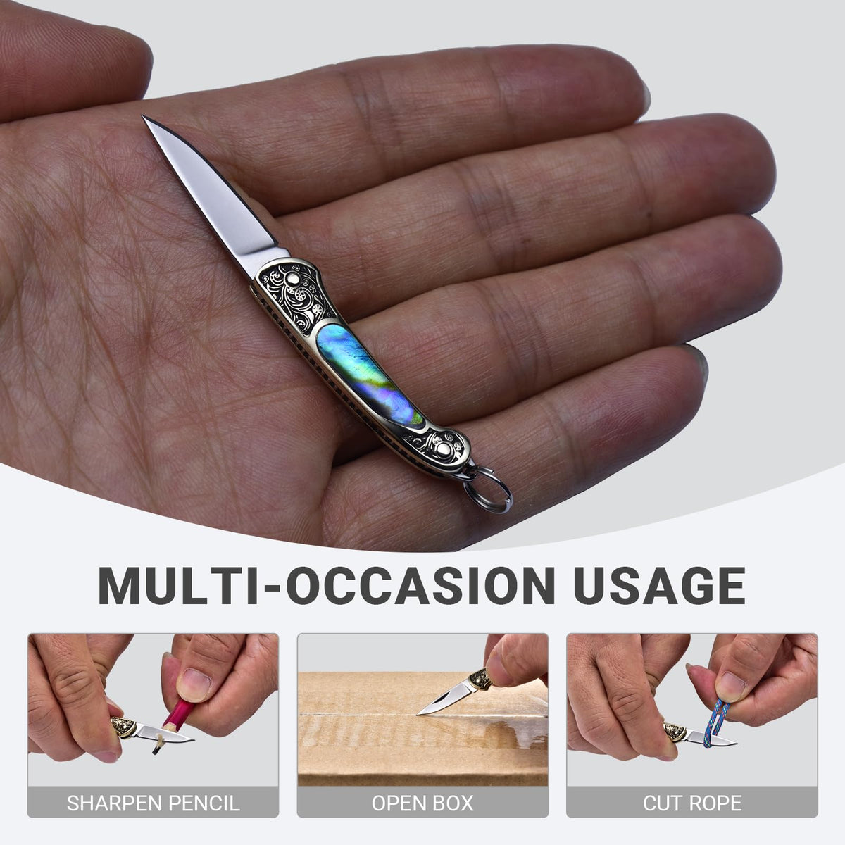 JPCRMOV Mini Folding Pocket Knife, Abalone Shell Handle, Keychain EDC Tool, 1.06” Blade, Ultra Lightweight 9g, Small Box Opener for Daily Carry