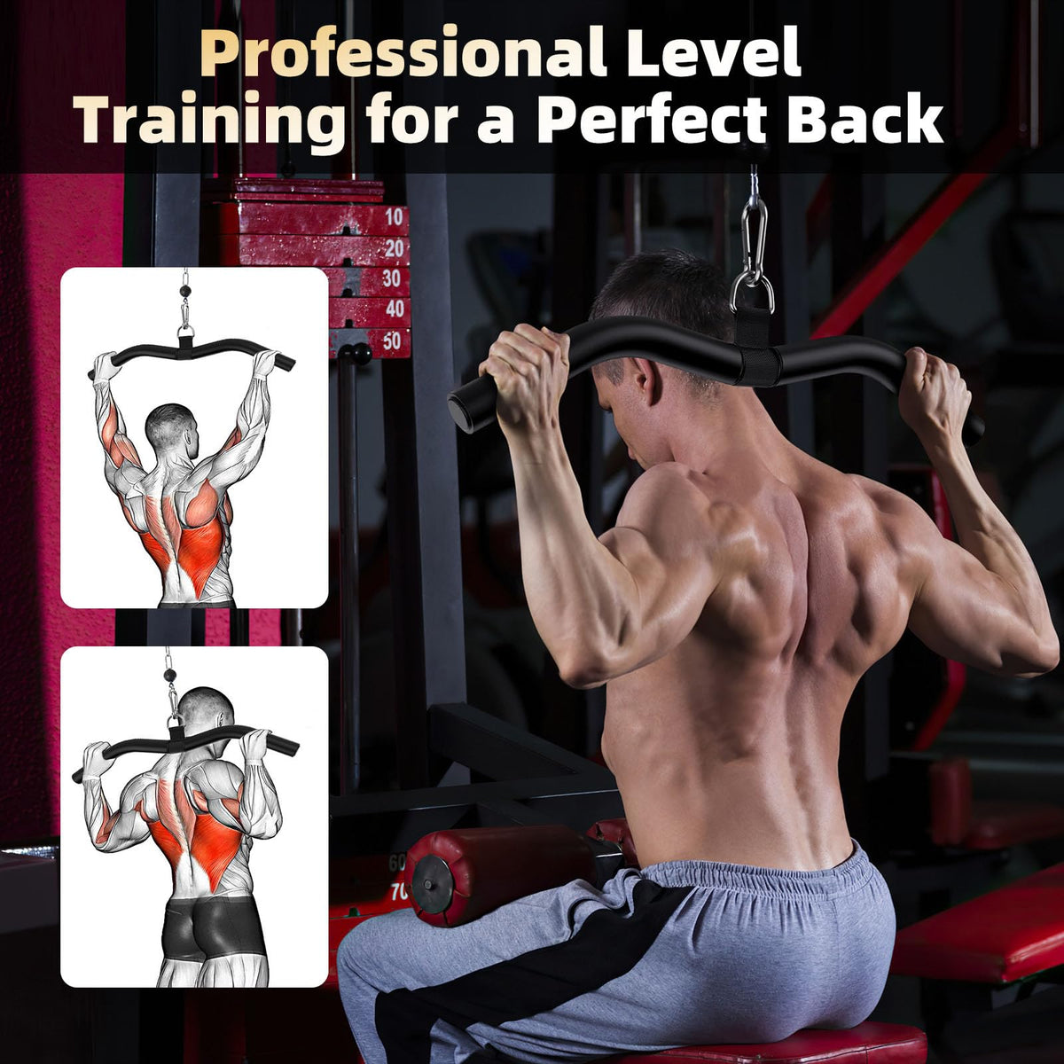 Anobeyi LAT Pull Down Attachment, Gym Tricep Rope Machine LAT Pulldown Bar, Strength Training Gym Equipment Accessory, Ergonomic Curl Bar for Seated Rowing, High Pull Downs (19in W-Bar)