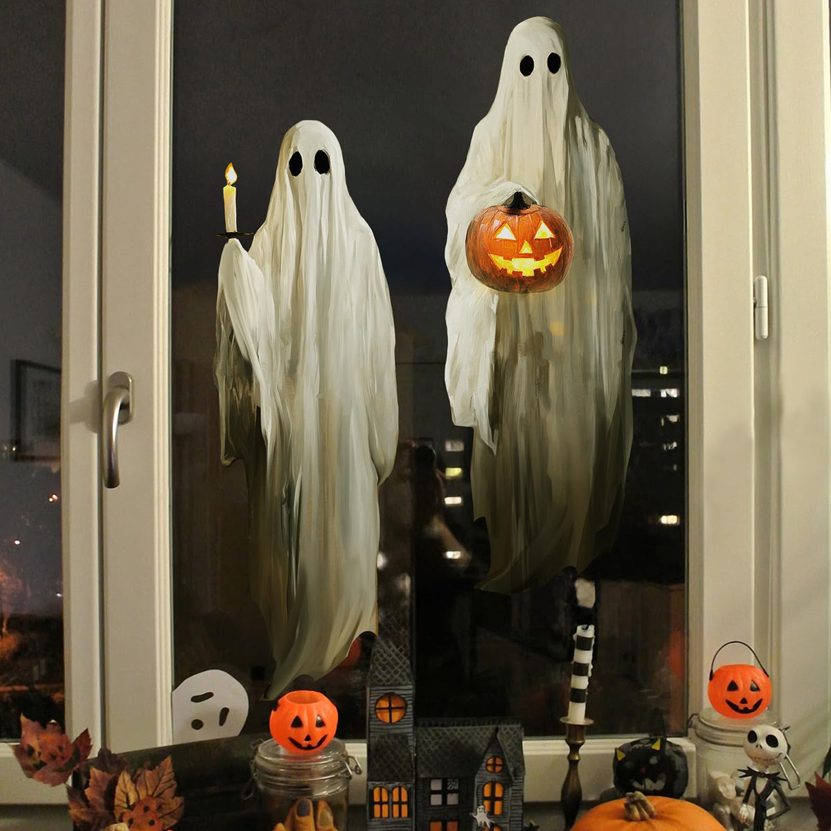 Halloween Decorations Window Clings Decor, 3pcs Extra Large Scary White Ghosts with Pumpkin Lantern Halloween Window Decals Indoor, Creppy School Home Office Party Supplies for Glass Windows, 3 Sheets