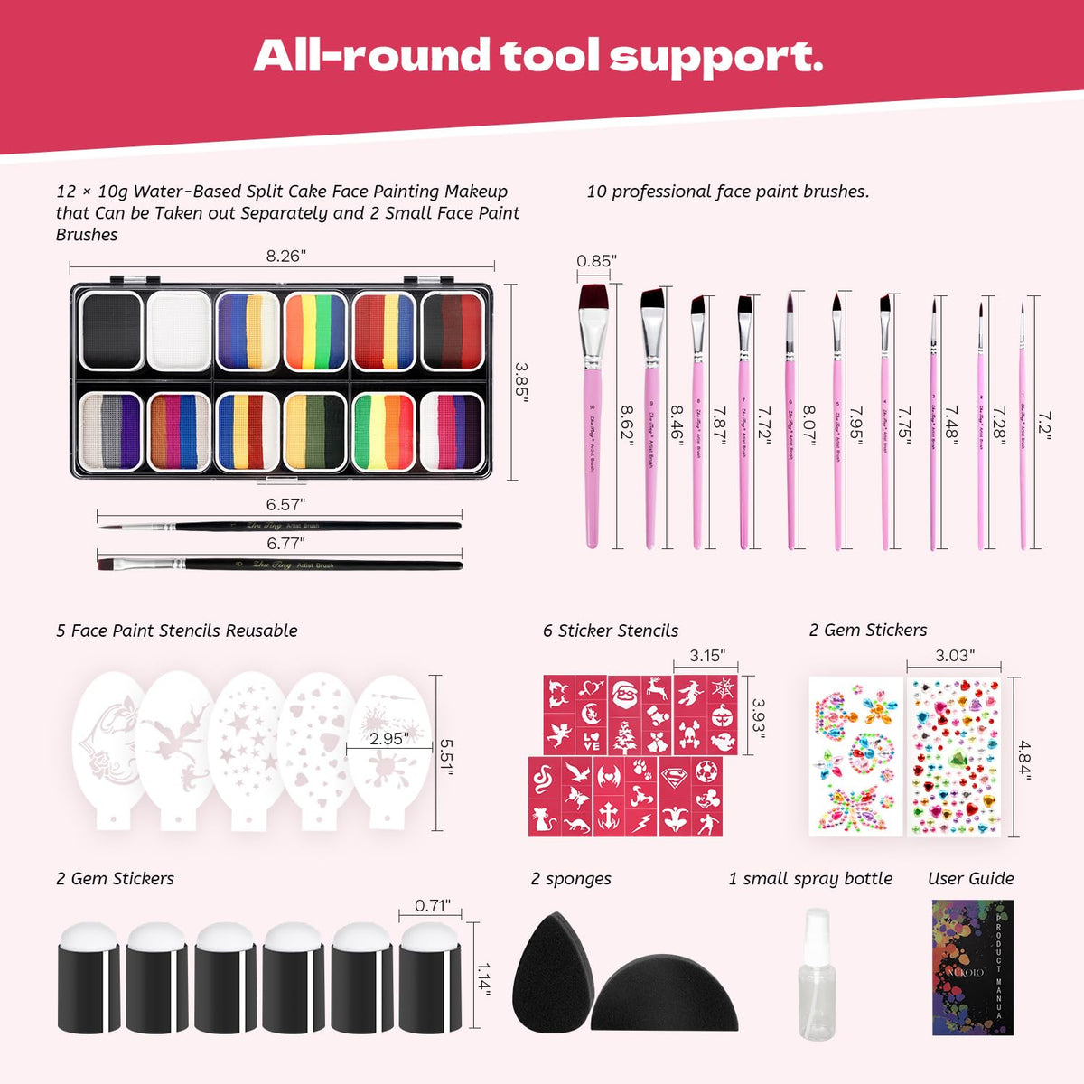 Professional Face Painting Kit for Kids Adults-12*10g Non Toxic Water Activated Face Paint Kit With Brushes,Stencils，Gem Stickers;Halloween,Carnival;Water Based Facepaint Makeup Kit for Kids Party