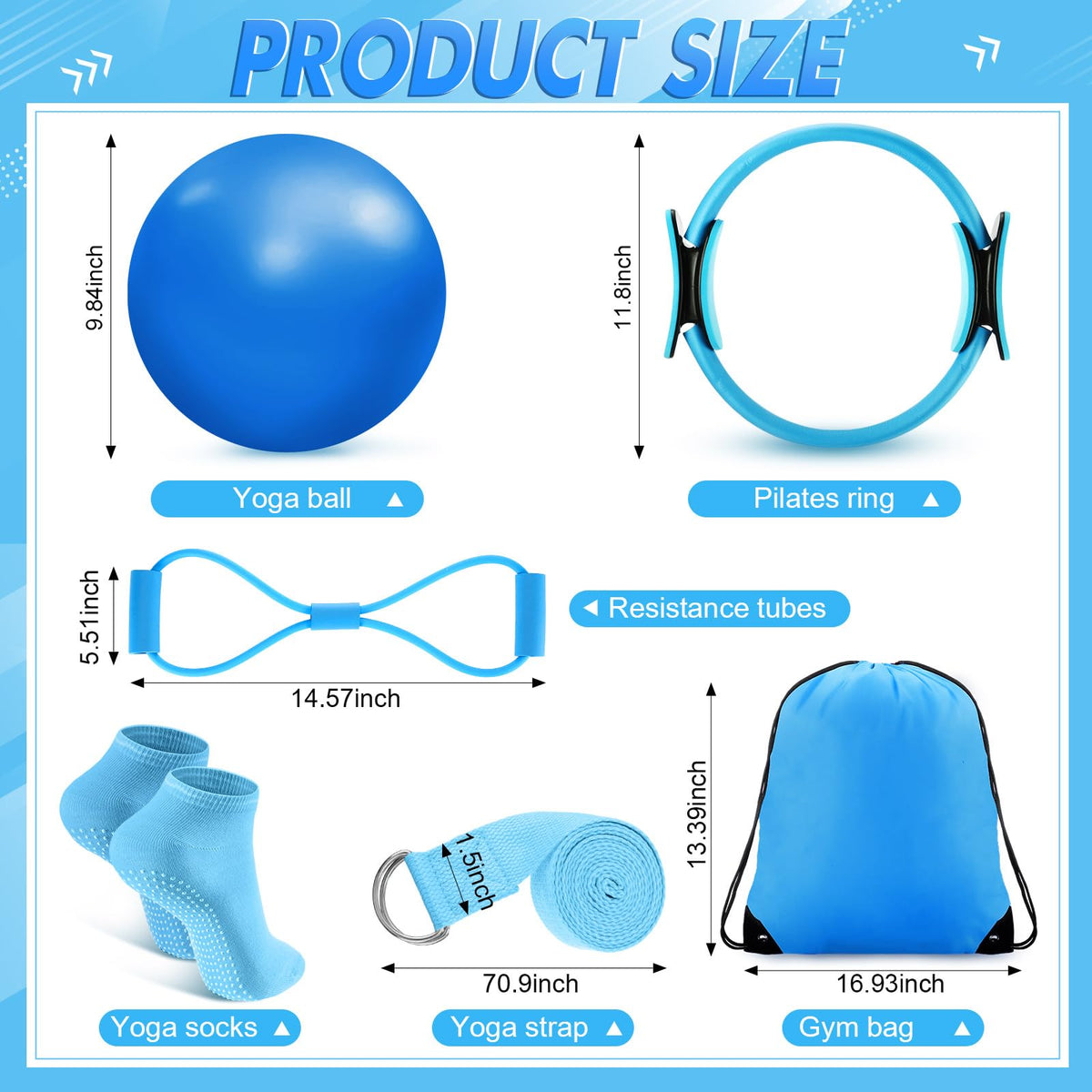 Poen 18 Pcs Home Pilates Ball and Ring Circle Set Yoga Fitness Essentials Kit with 5 Resistance Band Stretching Strap Non Slip Sock Ball Core Slider Wristband Headband Gym Bag for Women(Blue)
