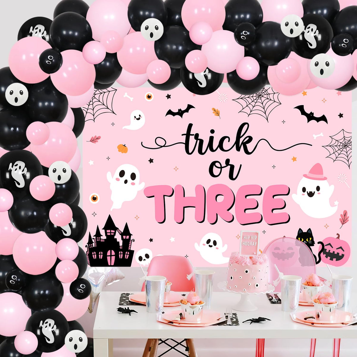 84Pcs Trick or Three Theme Halloween 3rd Birthday Party Decorations Pink Black Balloon Garland Arch Kit Number 3 Foil Balloon 3D Bat Wall Stickers for Girls Halloween Three Birthday Party Decor Favors