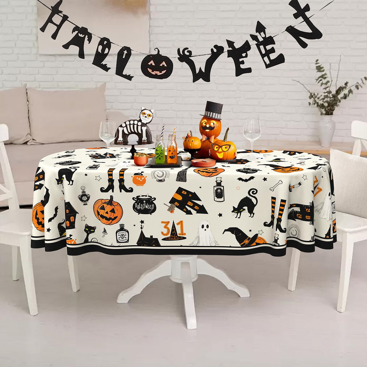 Yighty Oval Halloween Tablecloth 60x84In,Horror Pumpkin Castle Skull Tablecloth,Polyester Waterproof Wrinkle-Resistant and Durable Table Cloth,Suitable for Halloween,Parties,Holiday,Kitchens