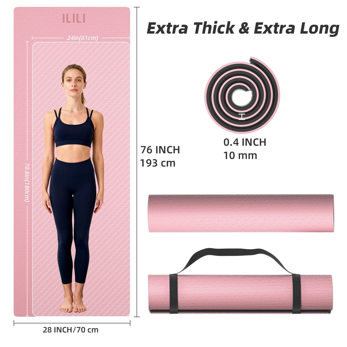 ILILI Yoga Mat 10mm Extra Thick and 193cm Extra Long, 76x28×0.4 Inch, Double Color Non-Slip TPE Material, Easy Carrying with Strap, Ideal for Yoga, Pilates, Floor Exercise, Home and Outdoor Use, Eco Friendly