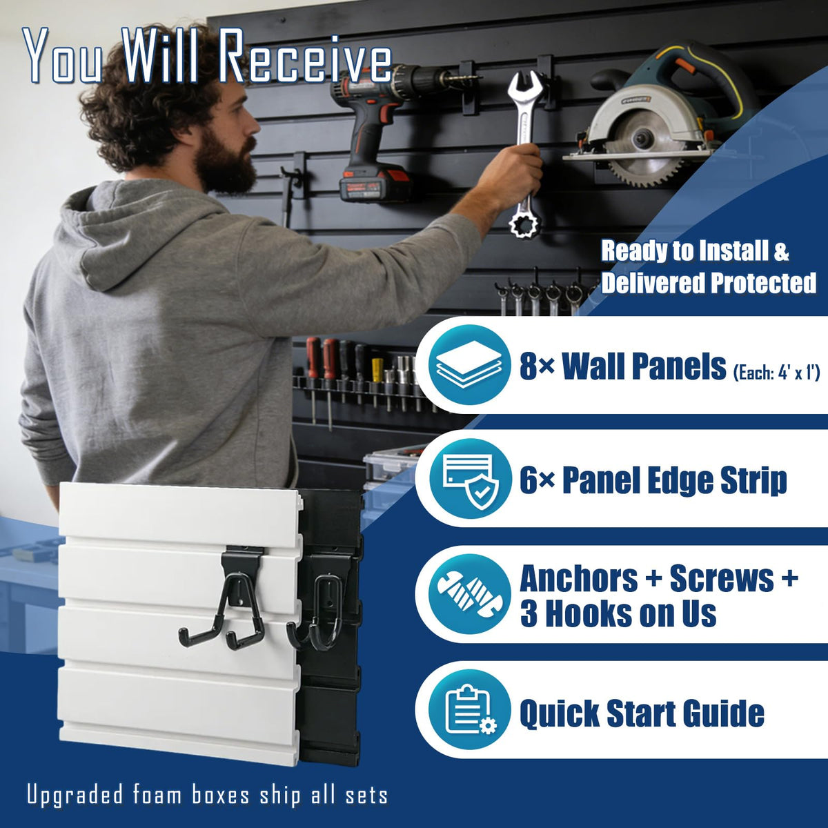 2026 Garage Organization: PVC Slatwall Panels 4x8 ft – Garage Storage Wall System, Heavy Duty Tool Organizer Wall Mount, Waterproof Garage Wall Panels, Easy DIY Install with 3 Hooks (8 Pack of 1x4ft)
