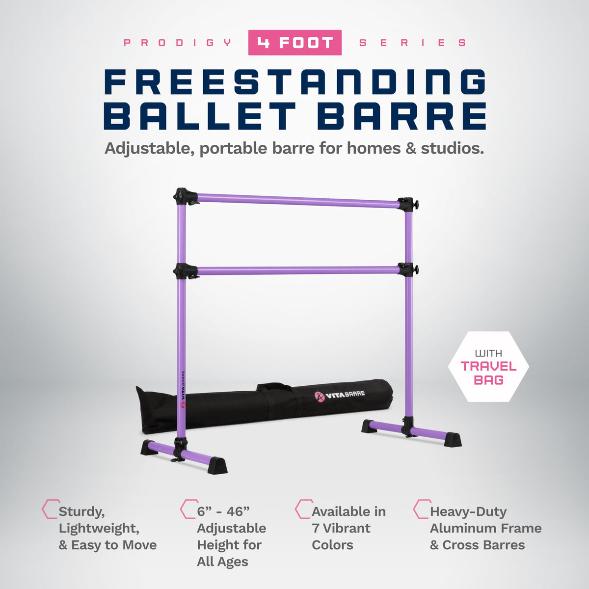 VITA Barre Portable Freestanding Double Ballet Barre, Prodigy, 4 Ft Bars, Purple, with Bag | Adjustable Height, USA Made, Home or Gym Exercise Equipment for Kids & Adults | Dance, Fitness, Pilates