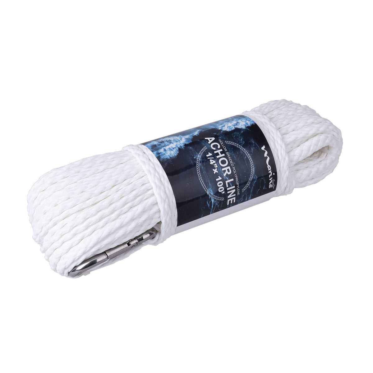 MARINE SYSTEM Made PP Hollow Braid Anchor Line Polypropylene 1/4 inch 50FT 100FT with Stainless Steel Spring Hook, White(1/4" x 100')