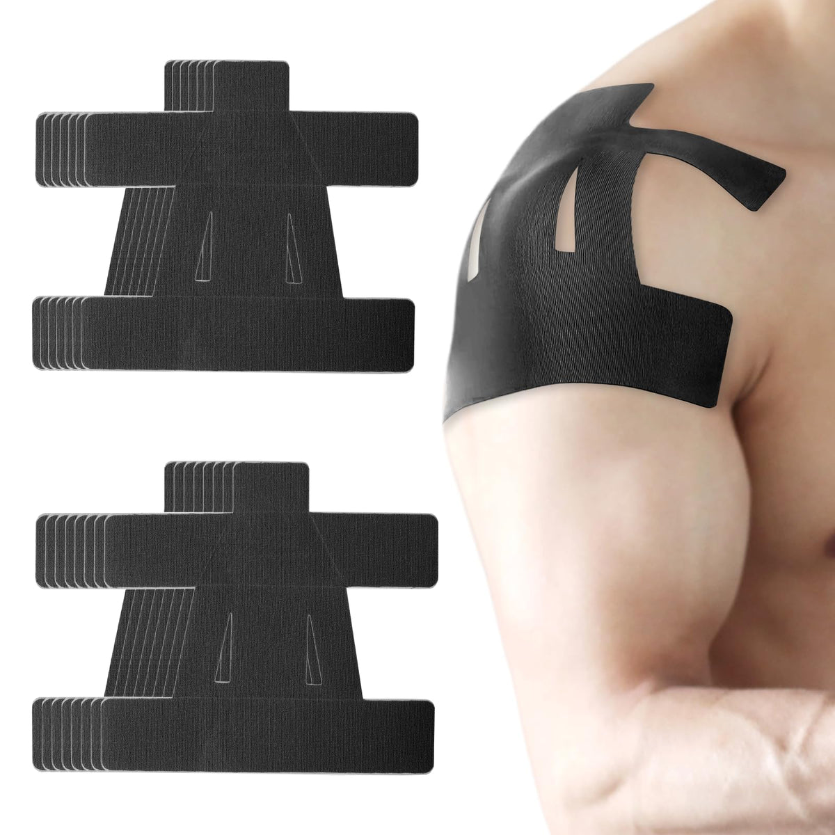 15PCS Kinesiology Tape for Shoulder, Kinesiology Tape Precut Strips for Shoulder Support Support & Stability, Waterproof Breathable Elastic Sports Shoulder Tape for Pain Relief, Athletic Tape, Black