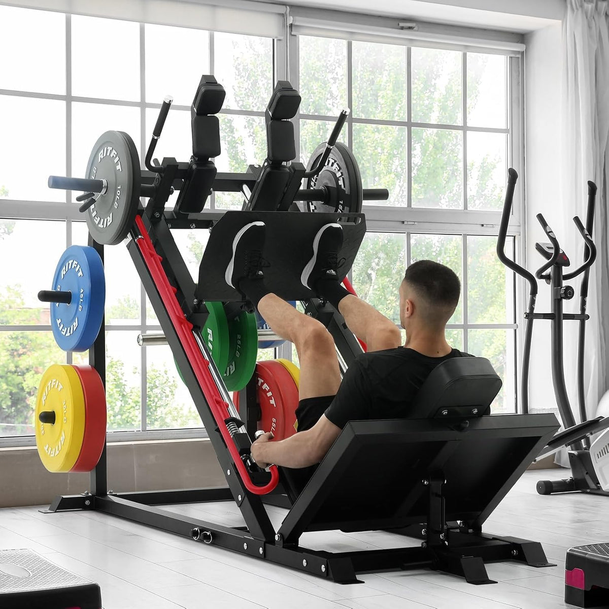RitFit Gazelle Pro 3 in 1 Leg Press and Hack Squat Machine - High-Tensile Steel Leg Press Machine, 2000lbs Capacity, Adjustable Angles with Weight Storage (Red (with 35lb Rubber Weight Plates))
